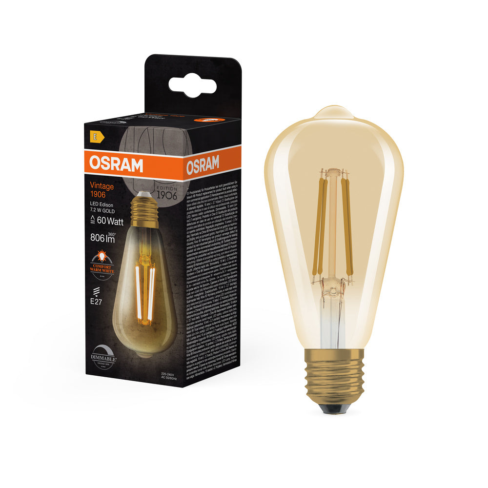 OSRAM VINTAGE 1906® LED Lampe LED CLASSIC EDISON DIM 7.2W 824 Gold E27, 806 lm, 2400 K, Comfort warm white-LEDVANCE Shop