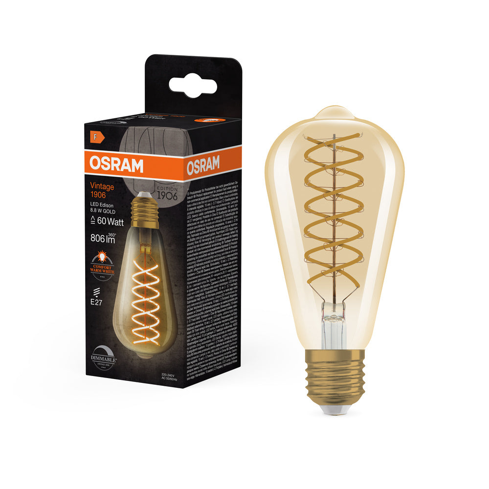 OSRAM VINTAGE 1906® LED Lampe LED CLASSIC EDISON DIM 8.8W 824 Gold E27, 806 lm, 2400 K, Comfort warm white-LEDVANCE Shop