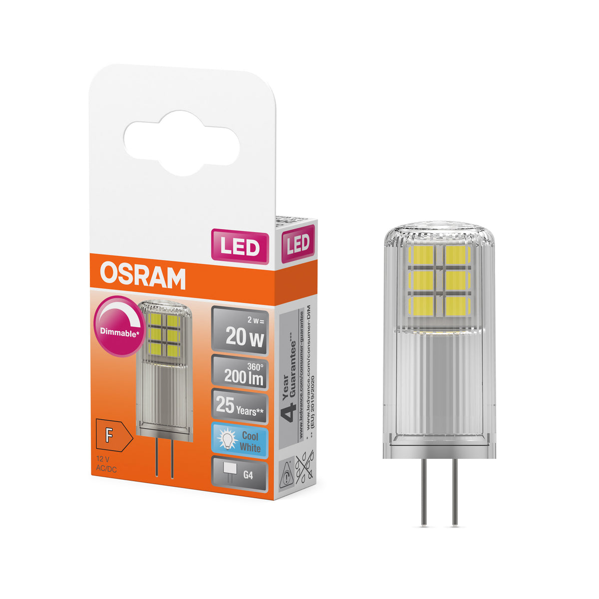 OSRAM LED Stiftsockellampe PIN 20, 320°, DIM, 2W, 840, klar, G4 , Kaltweiß-LEDVANCE Shop
