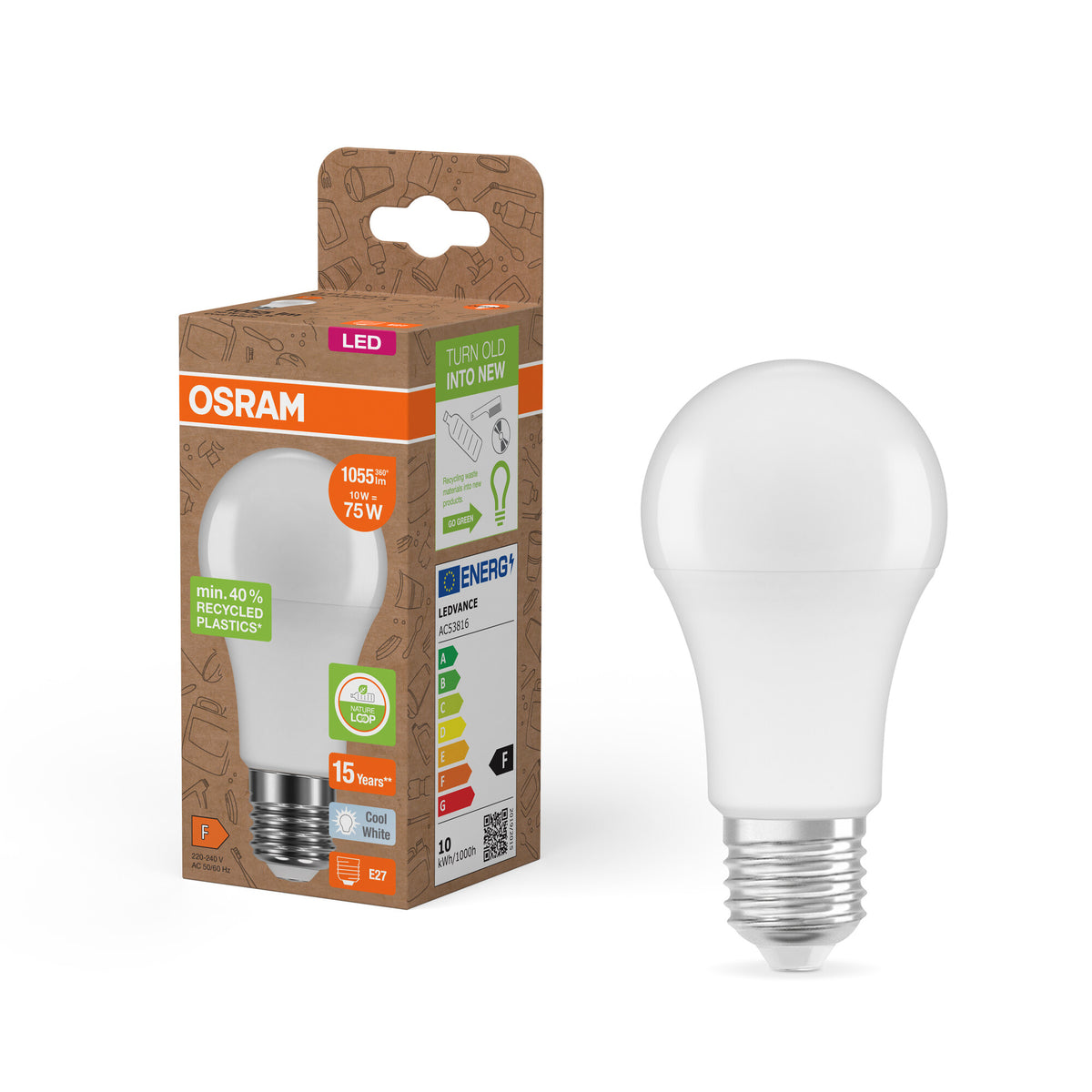 LÁMPARAS LED PCR DE OSRAM CON CASQUILLO CLÁSICO A, lámpara LED, mate, 10 W, (equivalente a 75 W), 1055 lm, blanco frío, 4000 K, 15 000 h, CRI ≥80