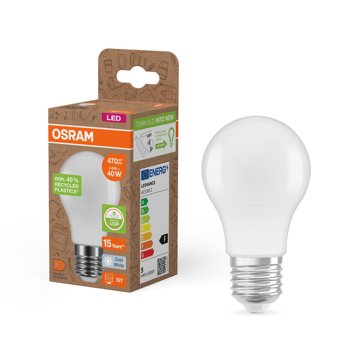 LÁMPARAS LED PCR DE OSRAM CON CASQUILLO CLÁSICO A, lámpara LED, mate, 4,9 W, (equivalente a 40 W), 470 lm, blanco frío, 4000 K, 15 000 h, CRI ≥80, reciclaje PCR