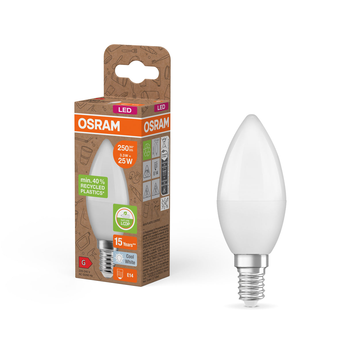 LÁMPARAS LED PCR DE OSRAM CON CASQUILLO CLÁSICO B, lámpara LED, mate, 3,3 W, (equivalente a 25 W), 250 lm, blanco frío, 4000 K, 15 000 h, CRI ≥80
