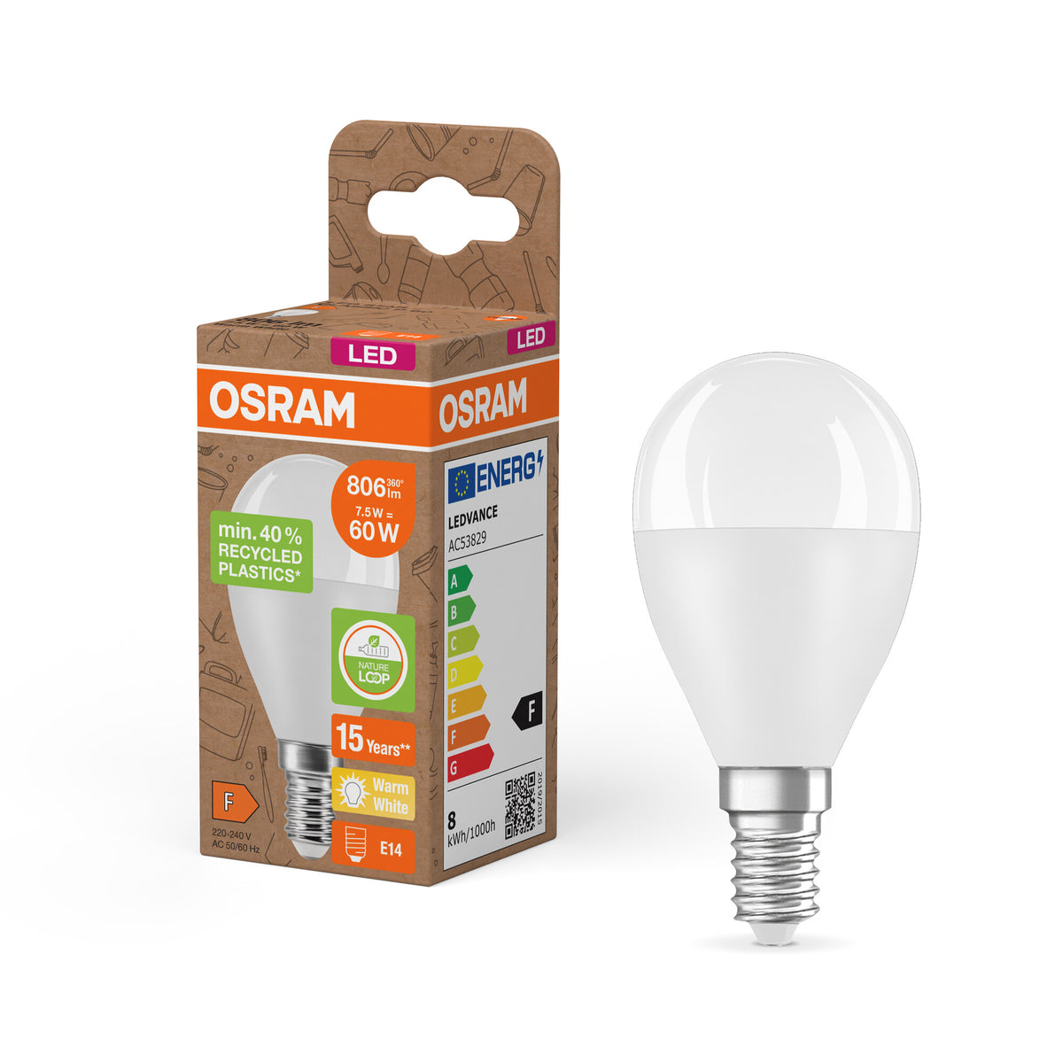 LÁMPARAS LED PCR DE OSRAM CON CASQUILLO CLÁSICO P, lámpara LED, mate, 7,5 W, (equivalente a 60 W), 806 lm, blanco cálido, 2700 K, 15 000 h, CRI ≥80