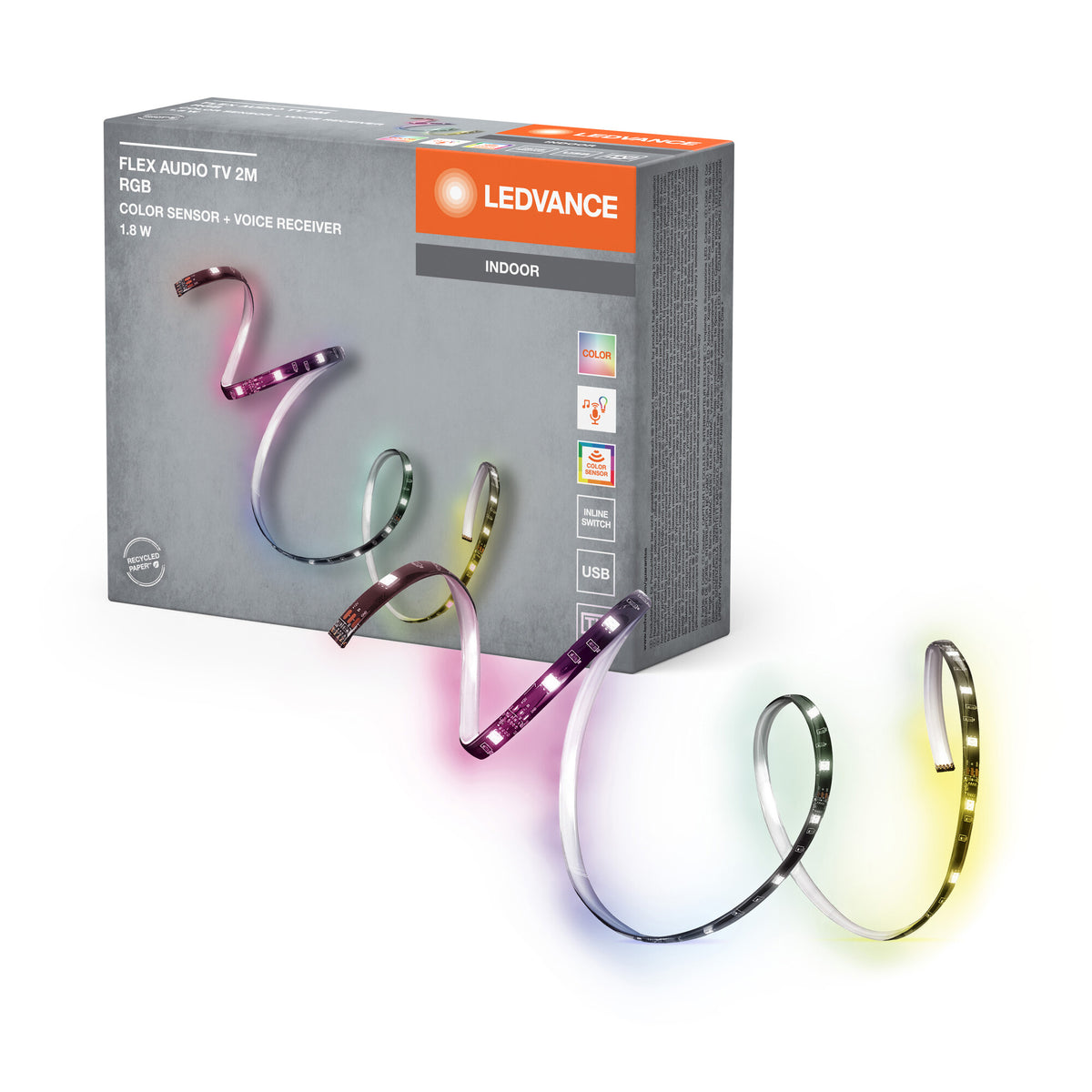 LEDVANCE Tira LED FLEX AUDIOTV 2M RGB, blanca, 3,7 W, 50 lm, receptor de sonido integrado, sensor de color, larga vida útil, fácil instalación, con conexión USB, autoadhesiva, clase de protección IP20