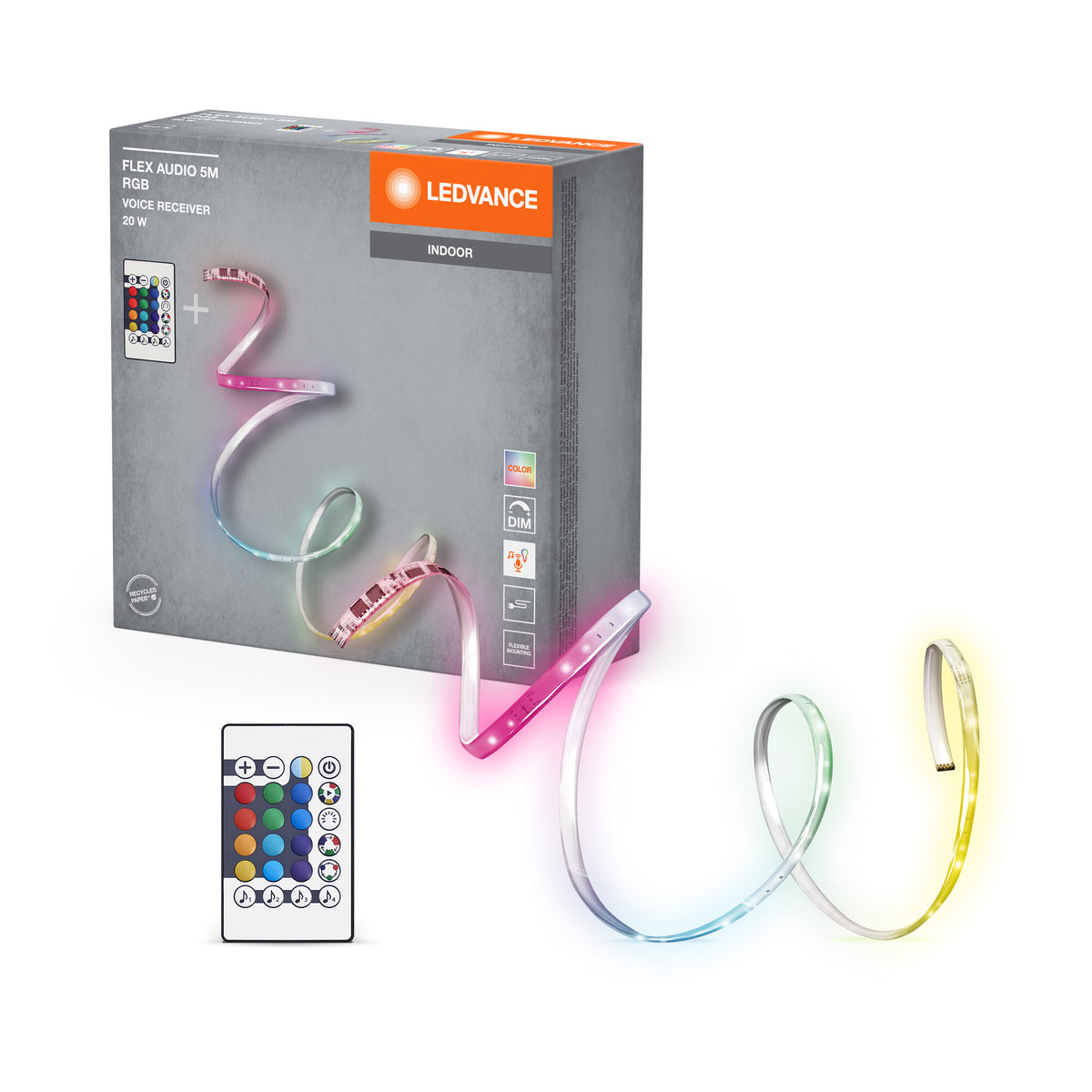 LEDVANCE FLEX AUDIO 5M LED-Streifen VR RC, weiß, 21W, 320lm, warmweißes Licht, integrierter Sound-Receiver, RGB-Farbsensor, Fernbedienung, lange Lebensdauer, einfache Montage, Schutzklasse IP20