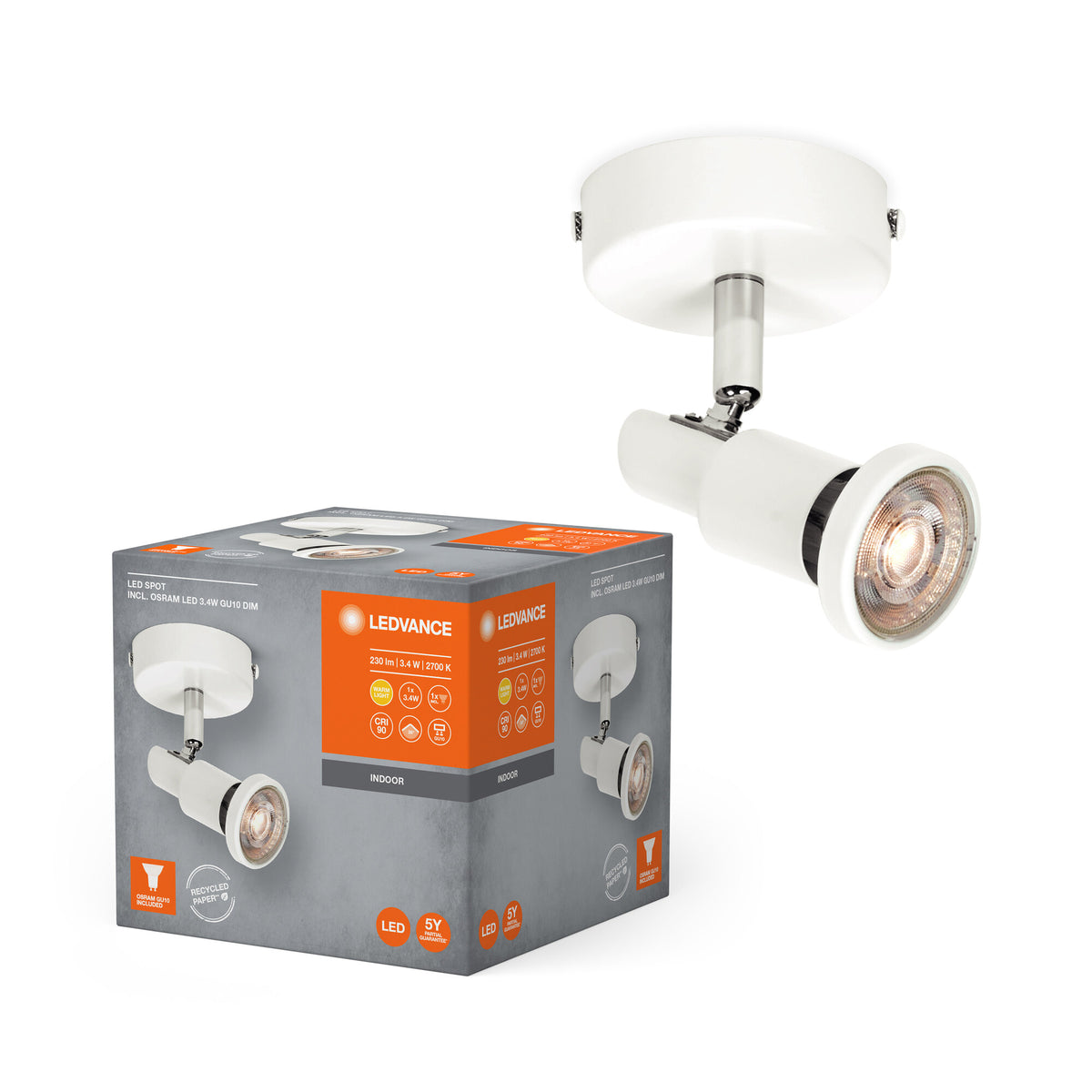 LEDVANCE FOCO LED GU10 1 x 3,4 W, 230 lm, blanco, temperatura de color 2.700 K, luz blanca cálida, diseño atemporal, bombilla LED intercambiable, ideal para interiores, CRI 90, cabezales orientables