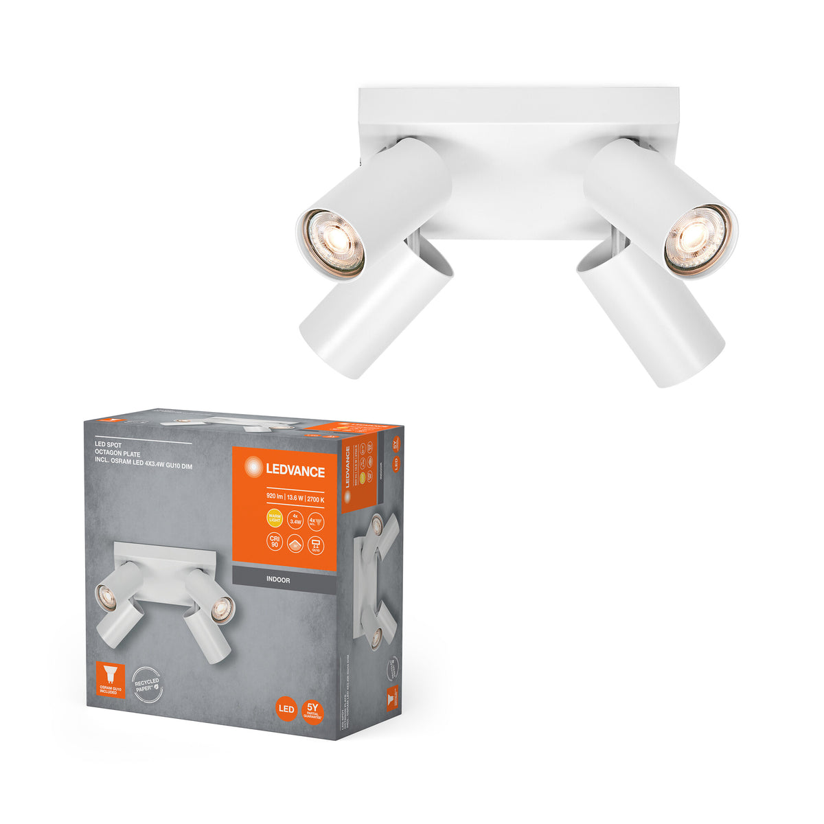 LEDVANCE LED SPOT OCTAGON PL 4 x 3,4 W, GU10, 920 lm, blanco, temperatura de color 2.700 K, luz blanca cálida, diseño atemporal, bombilla LED intercambiable, ideal para interiores, CRI 90, cabezales orientables