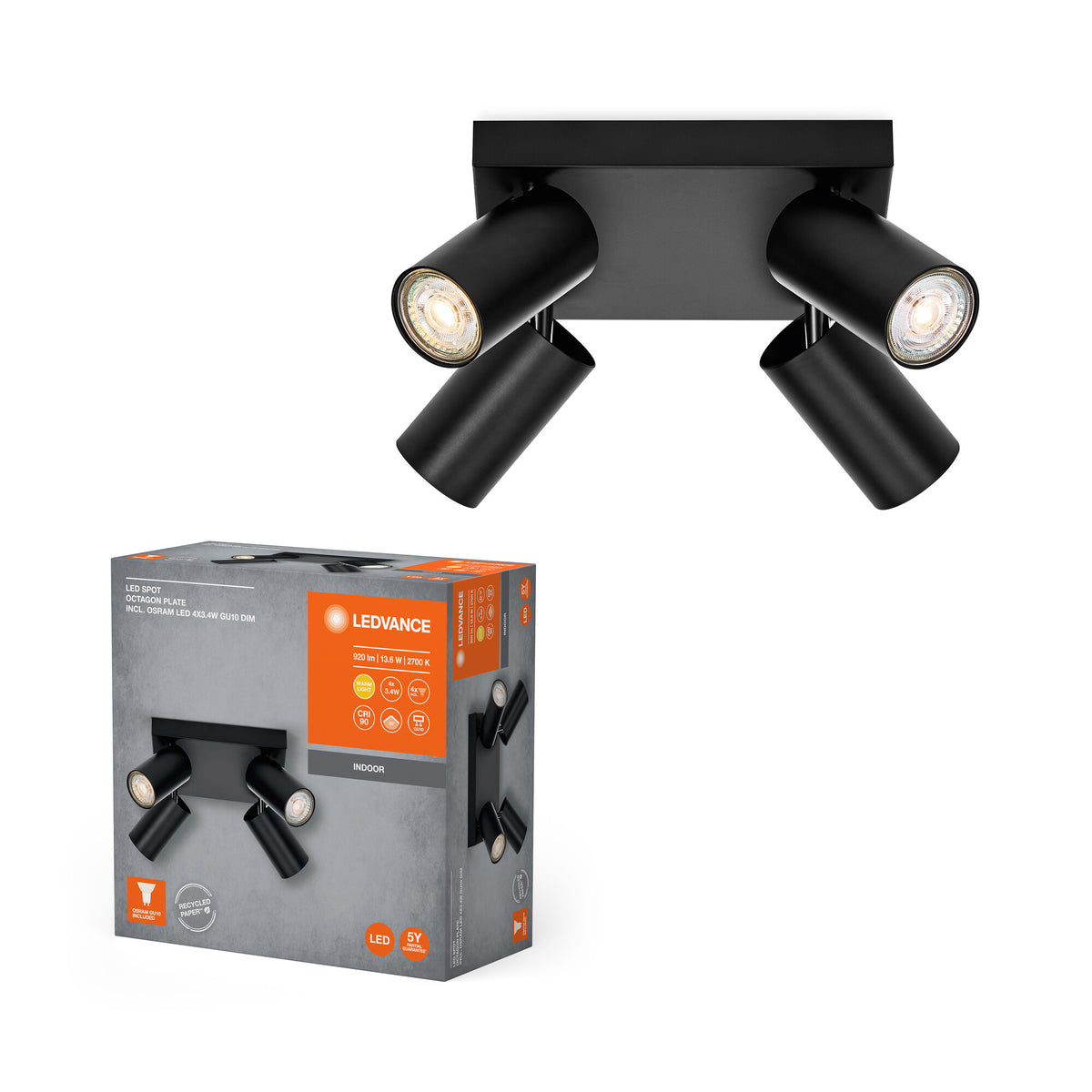 LEDVANCE FOCO LED OCTAGON PL 4 x 3,4 W, GU10, 920 lm, negro, temperatura de color 2.700 K, luz blanca cálida, diseño atemporal, bombilla LED sustituible, ideal para interiores, CRI 90, cabezales orientables, regulable