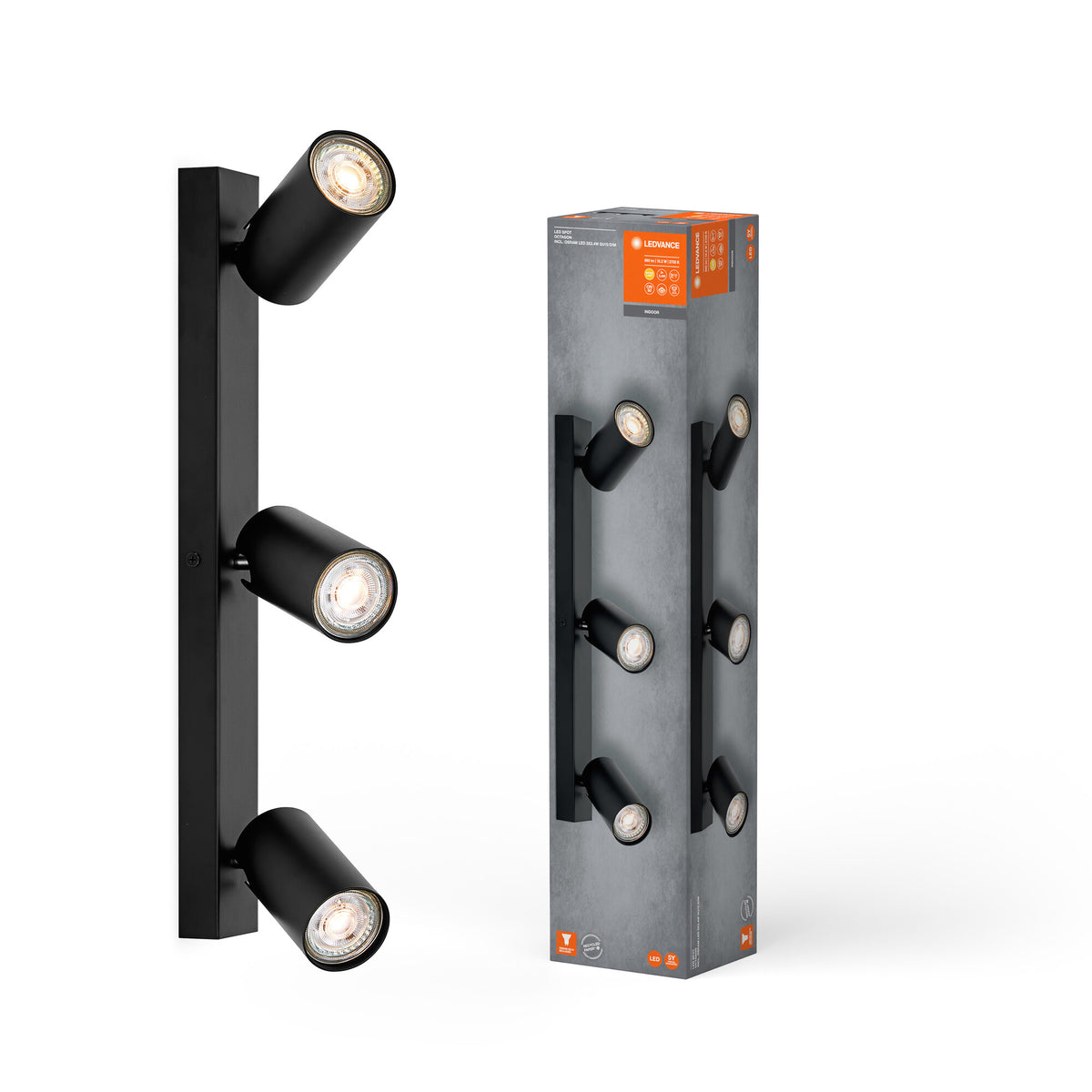 LEDVANCE LED SPOT OCTAGON 3 x 3,4 W, GU10, 690 lm, negro, temperatura de color 2.700 K, luz blanca cálida, diseño atemporal, bombilla LED sustituible, ideal para interiores, CRI 90, cabezales orientables, regulable