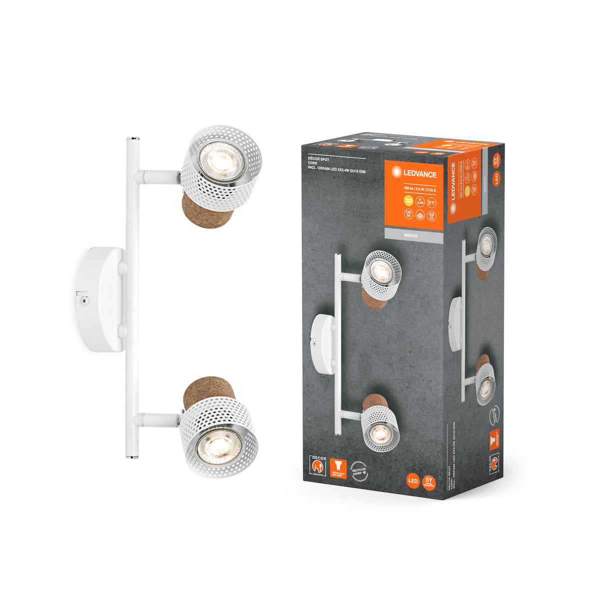 LEDVANCE DECOR SPOT CORK, 2 x 3,4 W, 460 lm, blanco, foco, cabezales orientables, uso versátil, foco de interior, bombillas LED intercambiables, regulable, luz blanca cálida, GU10