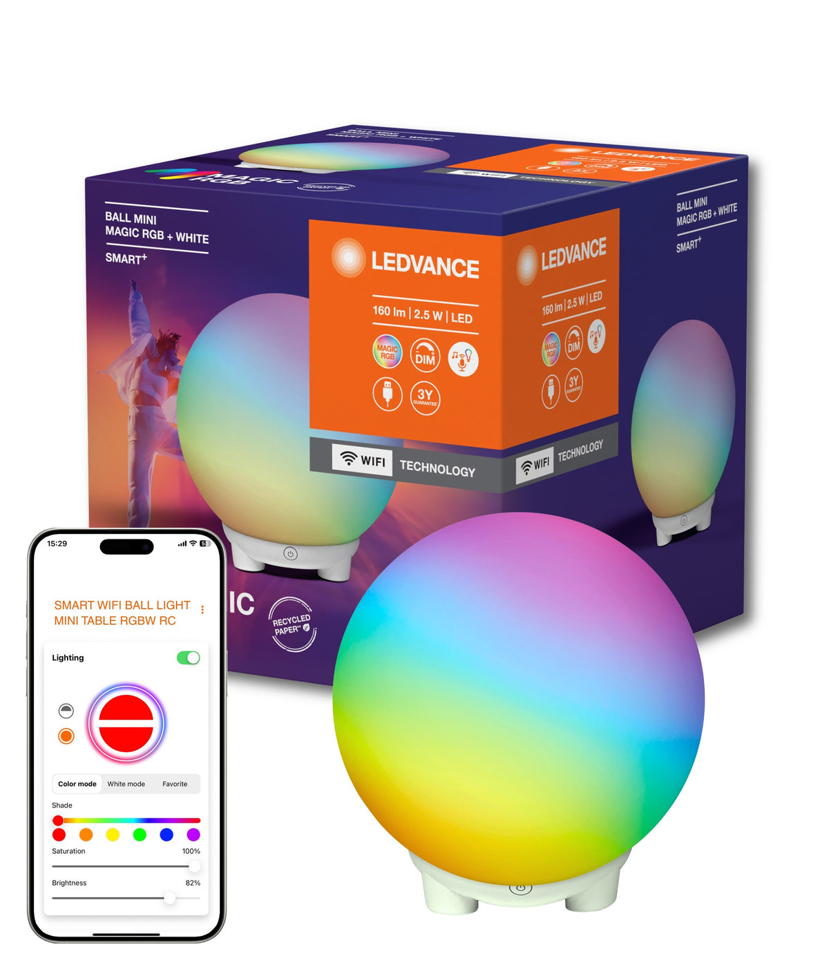 LEDVANCE SMART+ WIFI BALL LIGHT Lámpara de ambiente y de mesa, negra, 4 W, 130 lm, efecto de luz dinámico Magic RGB, dos fuentes de luz, regulable, larga vida útil, fácil montaje, controlable mediante app, IP20