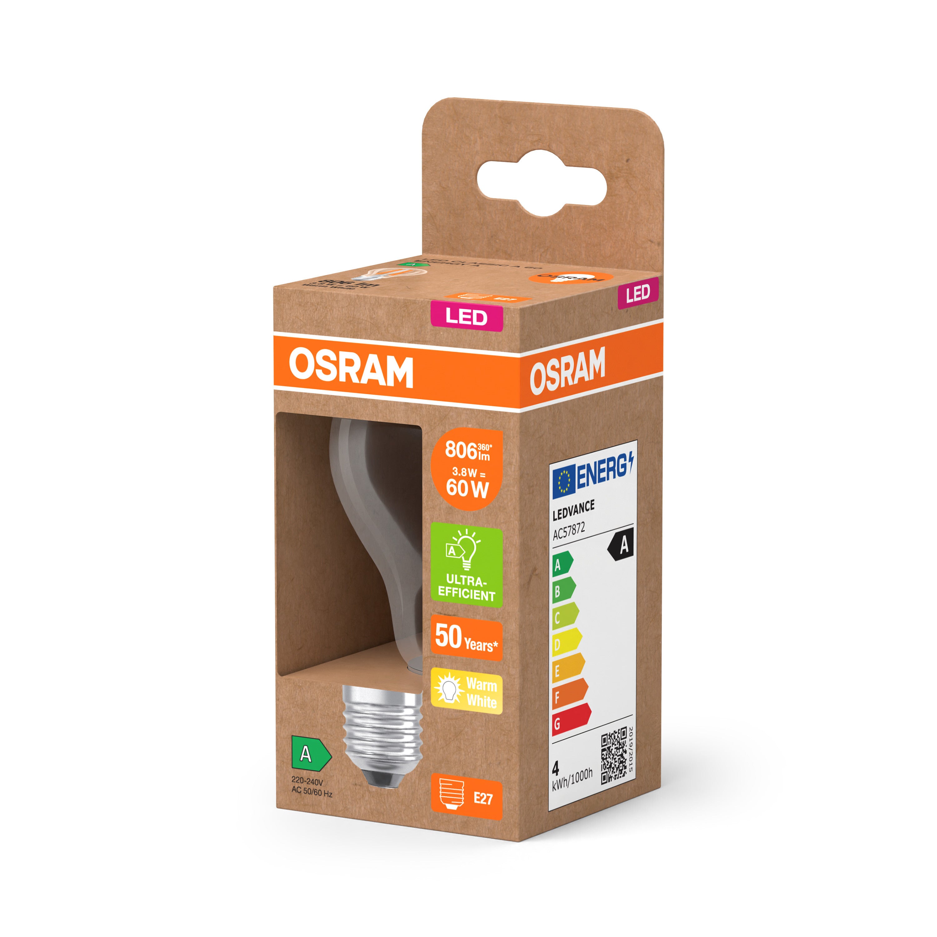 OSRAM LED Classic Lampe, Kolbenform, Klar, 3.8W, 806lm, E27 , Warmweiß-LEDVANCE Shop