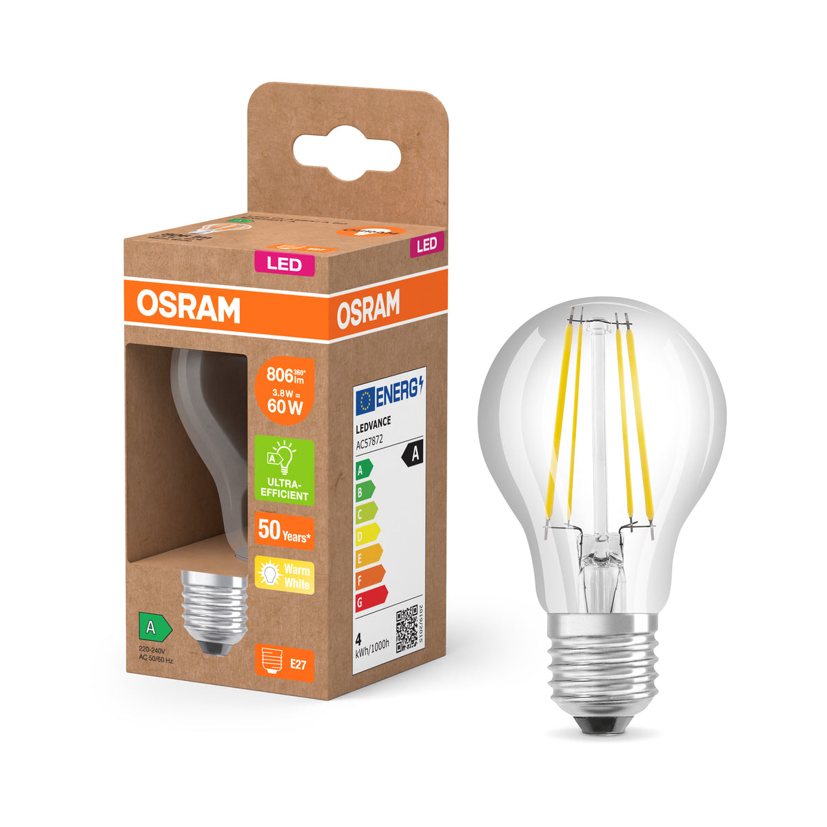 OSRAM LED Classic Lampe, Kolbenform, Klar, 3.8W, 806lm, E27 , Warmweiß-LEDVANCE Shop