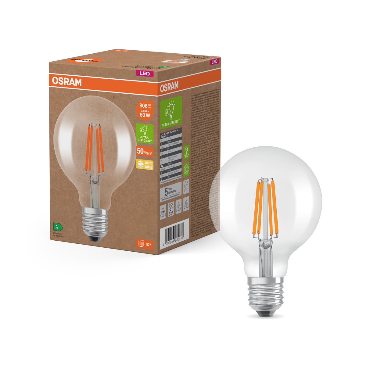 OSRAM LED Classic Lampe, Ballform, Klar, 3.8W, 806lm, E27 , Warmweiß-LEDVANCE Shop
