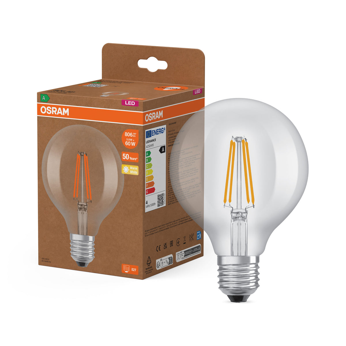 LÁMPARAS LED DE OSRAM, CLASE ENERGÉTICA A, EFICIENCIA ENERGÉTICA, FILAMENTO CLÁSICO Globe con forma de globo, lámpara LED, cristal sin plomo, transparente, 806 lm, blanco cálido, clase de eficiencia energética: A