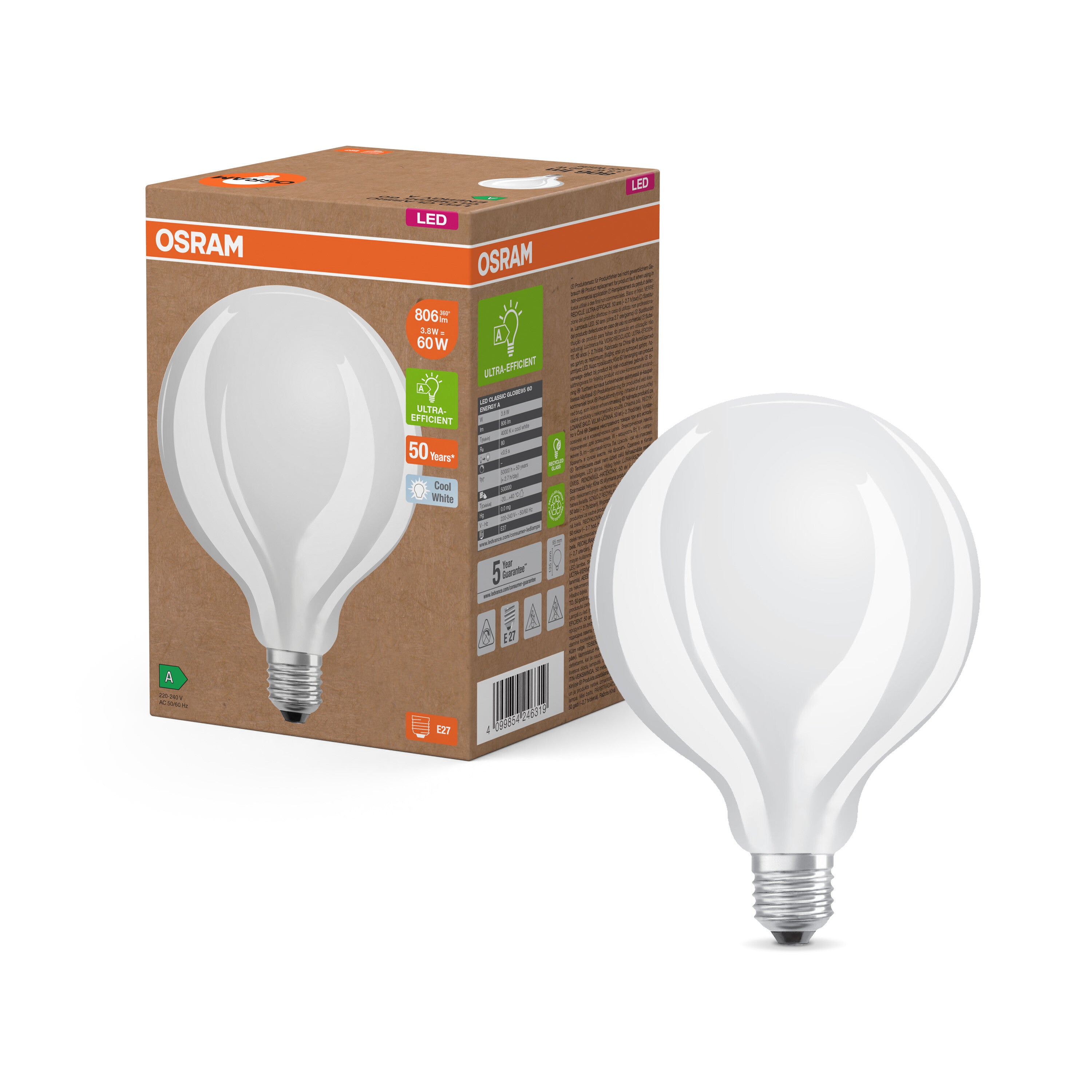 OSRAM LED Superstar Classic Globe Lampe Frosted, 3.8W, 4000K , Kaltweiß , E27-LEDVANCE Shop