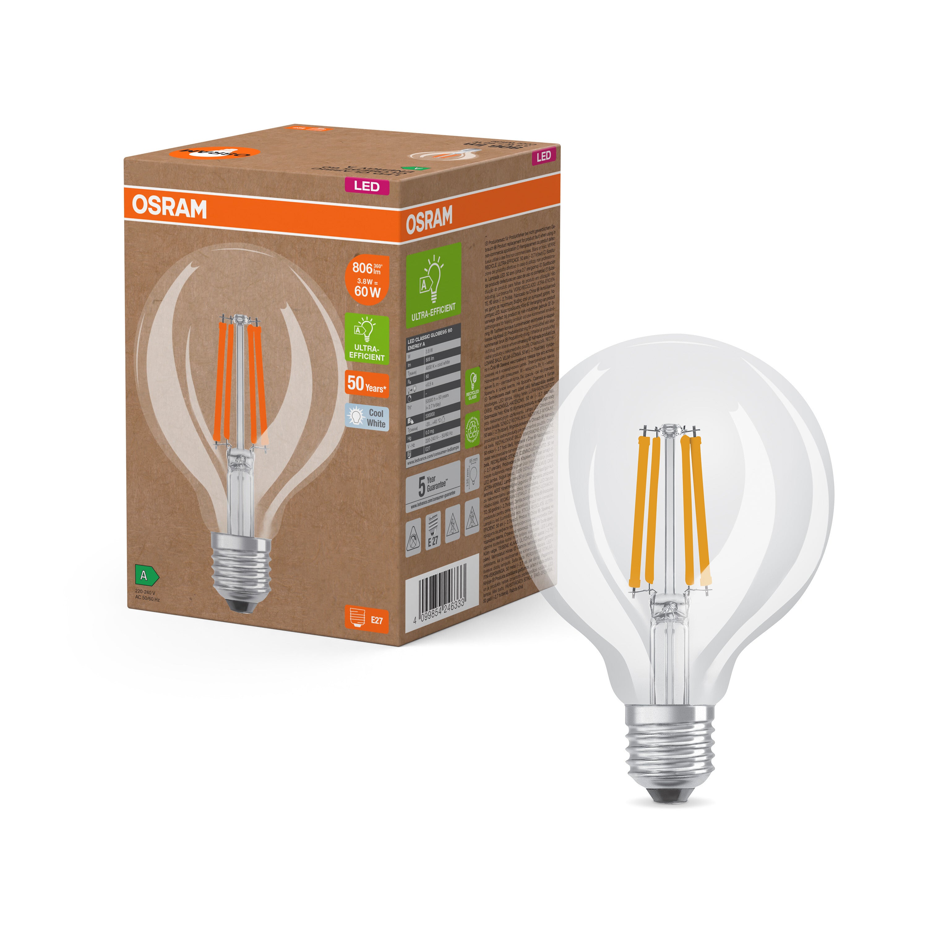 OSRAM LED Superstar Classic Globe Lampe Klar, 3.8W, 806lm , Kaltweiß , E27-LEDVANCE Shop