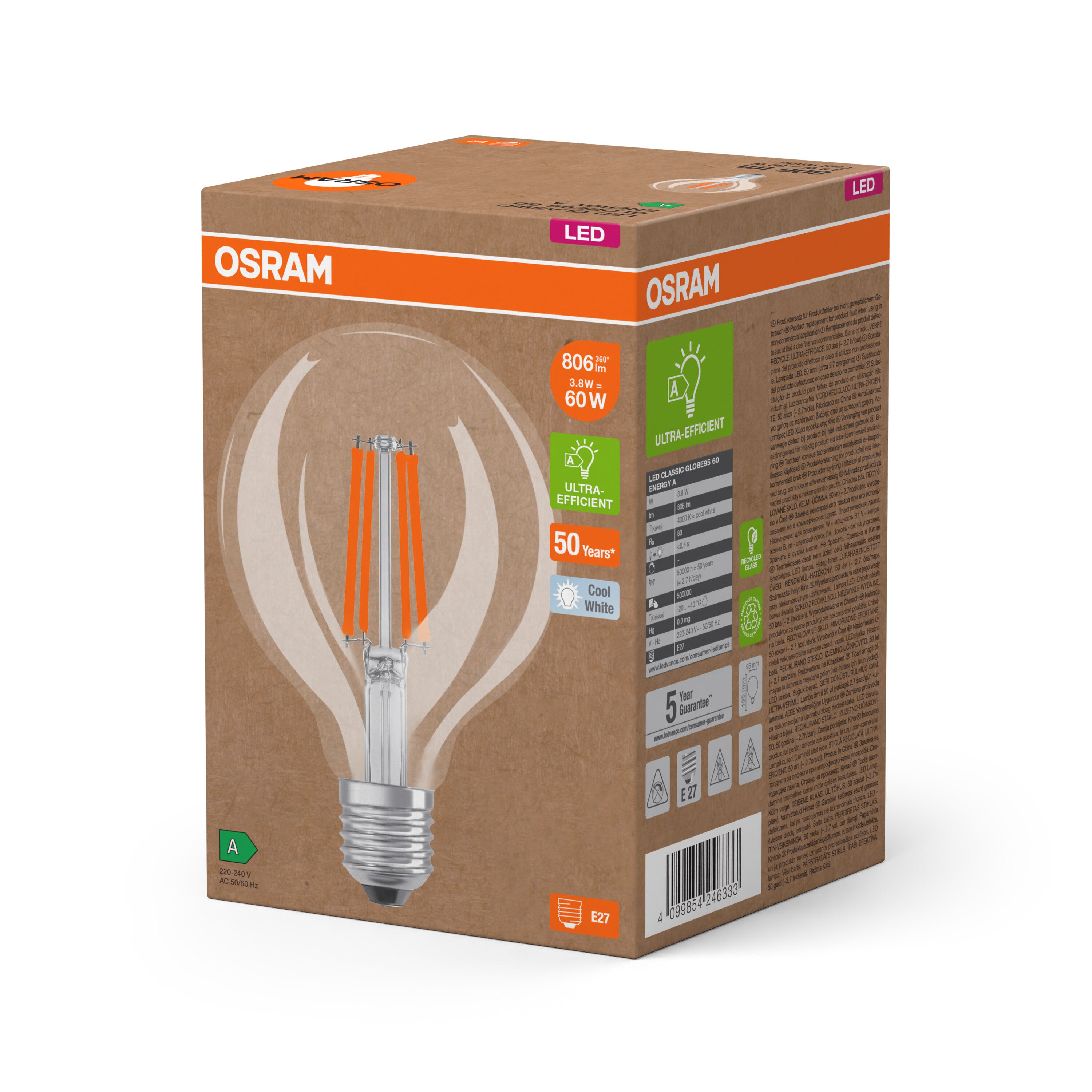 OSRAM LED Superstar Classic Globe Lampe Klar, 3.8W, 806lm , Kaltweiß , E27-LEDVANCE Shop