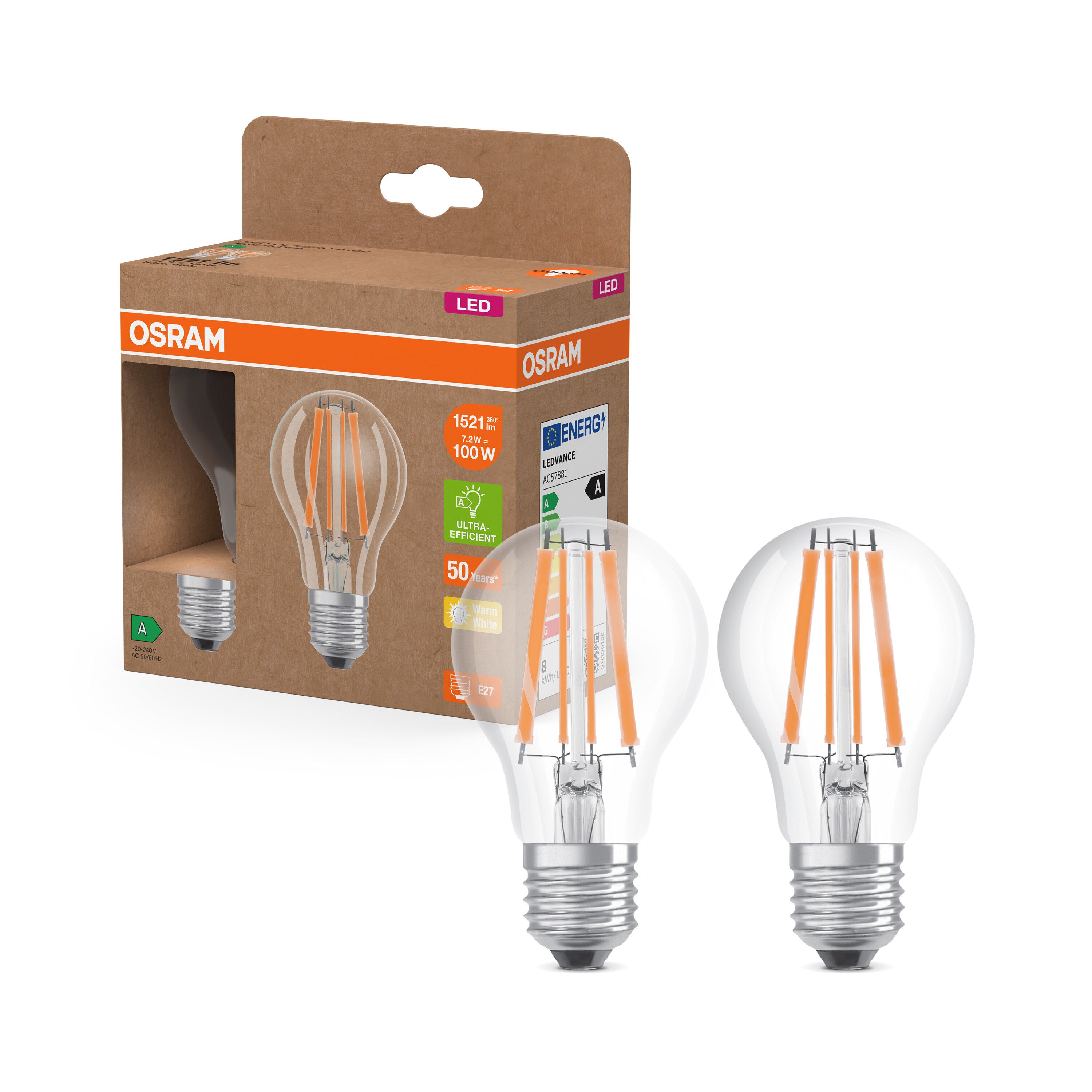 OSRAM LED Superstar Classic Lampe Klar, 7.2W, 1521lm, E27 Warmweiß 2er Pack-LEDVANCE Shop