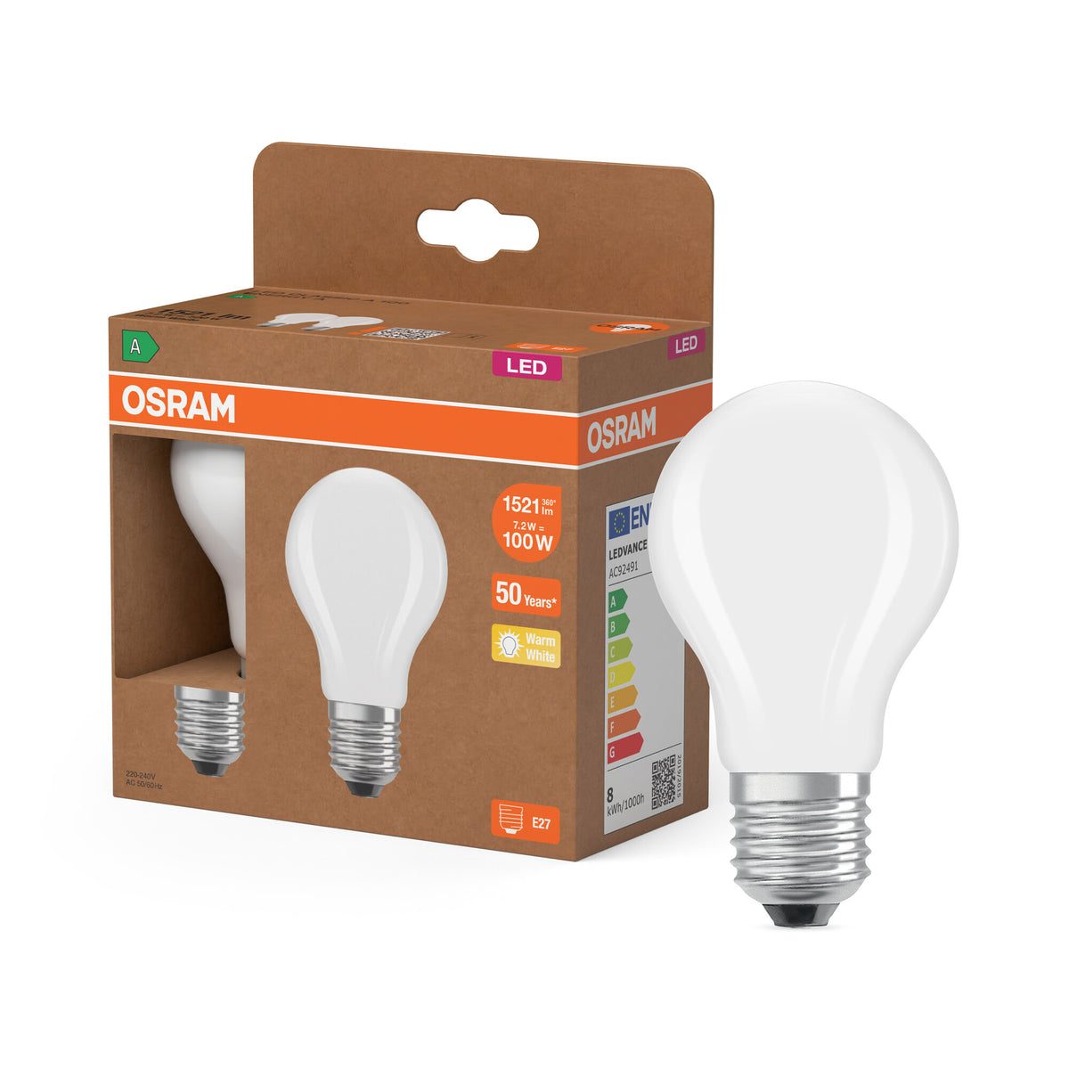 OSRAM LED LAMPS ENERGY CLASS A ENERGY EFFICIENCY FILAMENT CLASSIC A in A-Form, LED-Lampe, Bleifreies Glas, Matt, 7,2 W, 1521 lm, Warmweiß, Energieeffizienzklasse: A, 2er