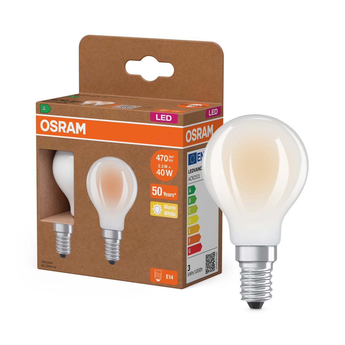 OSRAM LED CLASSIC P, eficiencia energética A, forma P, bombilla LED, cristal sin plomo, mate, 2,2 W, (antes 40 W), 470 lm, blanco cálido, 2700 K, clase de eficiencia energética: A, CRI 80, paquete de 2