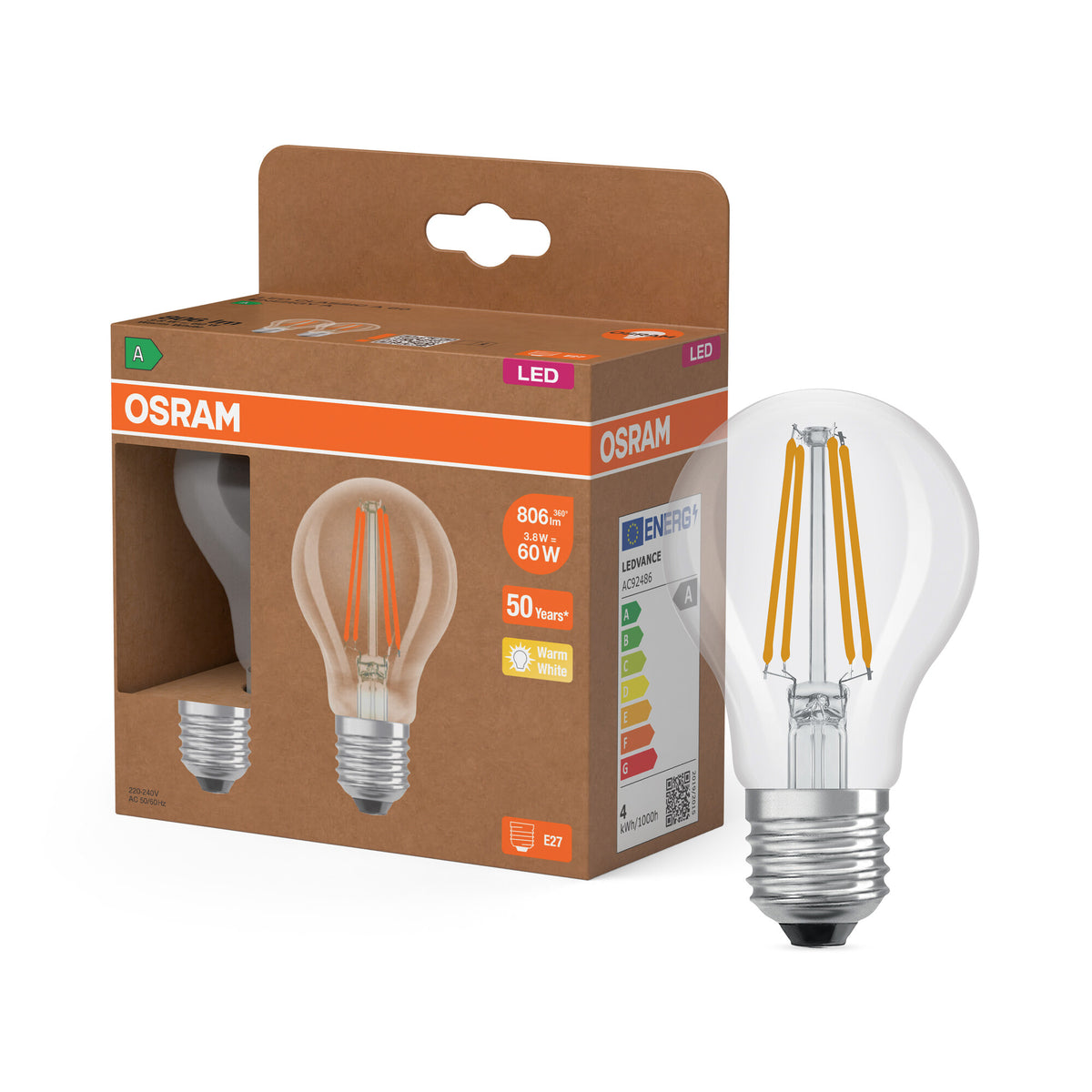 LÁMPARAS LED DE OSRAM, CLASE ENERGÉTICA A, EFICIENCIA ENERGÉTICA FILAMENTO CLÁSICO A en forma de A, lámpara LED, cristal sin plomo, transparente, 3,8 W, 806 lm, blanco cálido, clase de eficiencia energética: A, paquete de 2