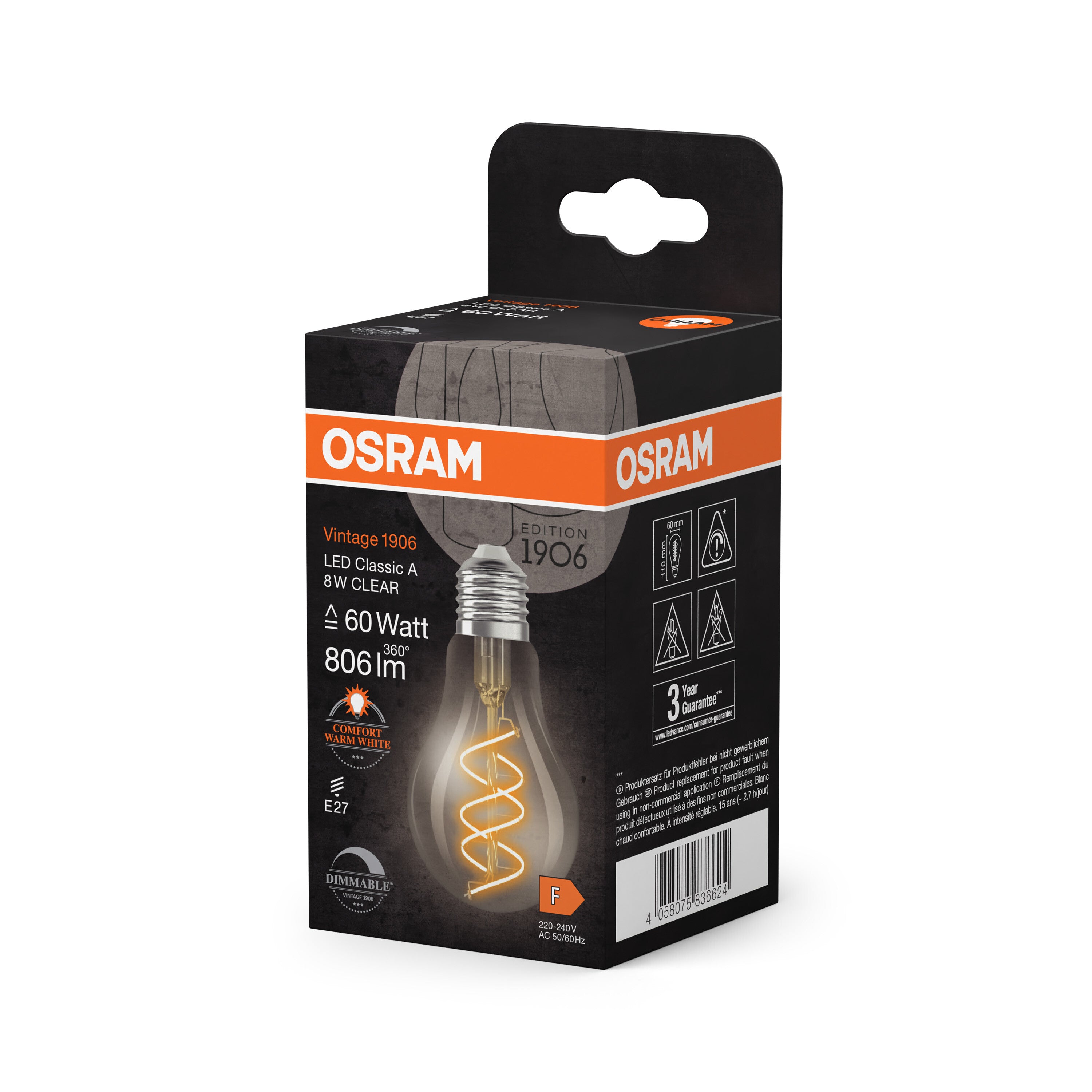 OSRAM Vintage 1906 Classic LED-Lampe Klar, 8W, 806lm, E27 , Comfort warm white-LEDVANCE Shop