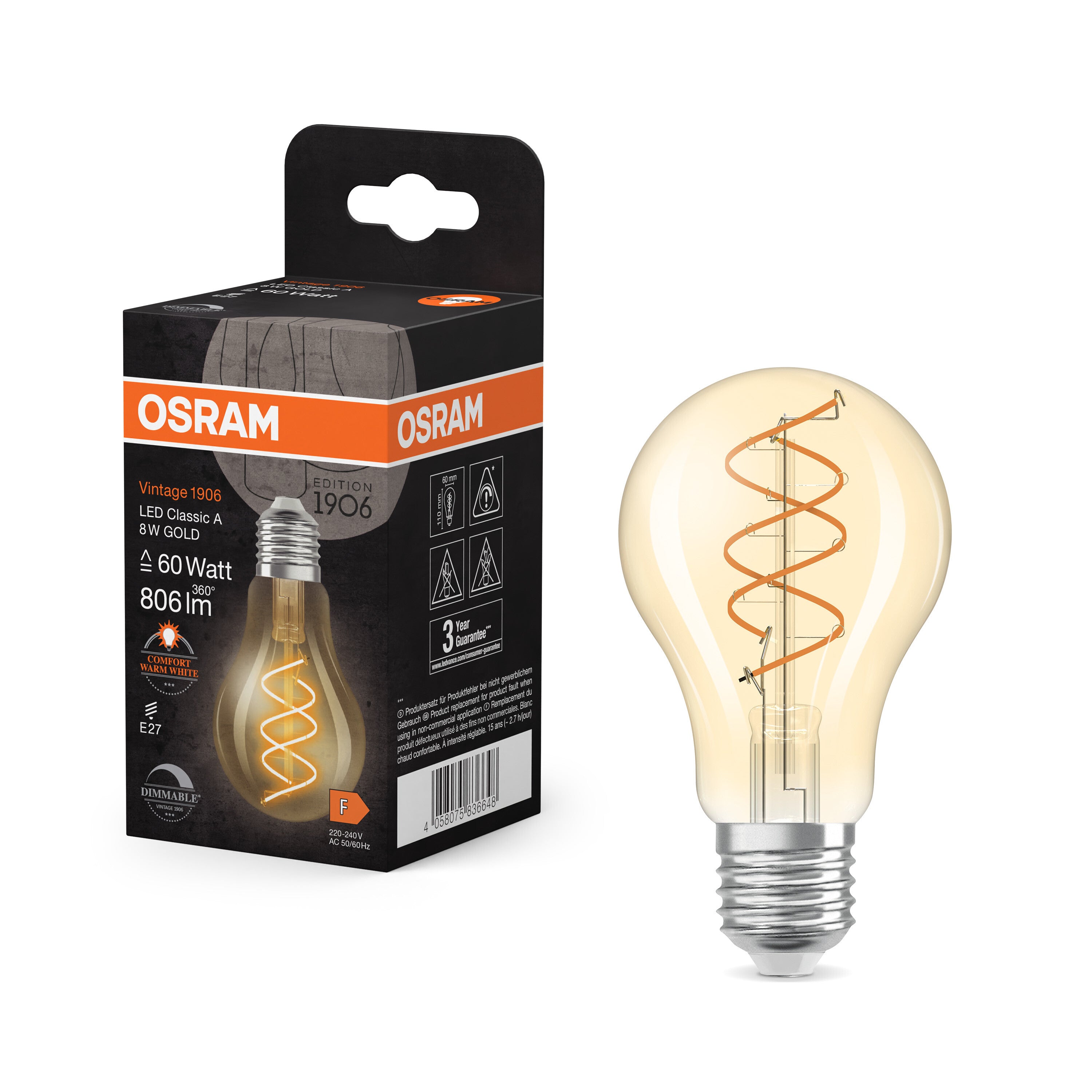 OSRAM Vintage 1906 Classic LED-Lampe Gold, 8W, 806lm, E27 , Comfort warm white-LEDVANCE Shop