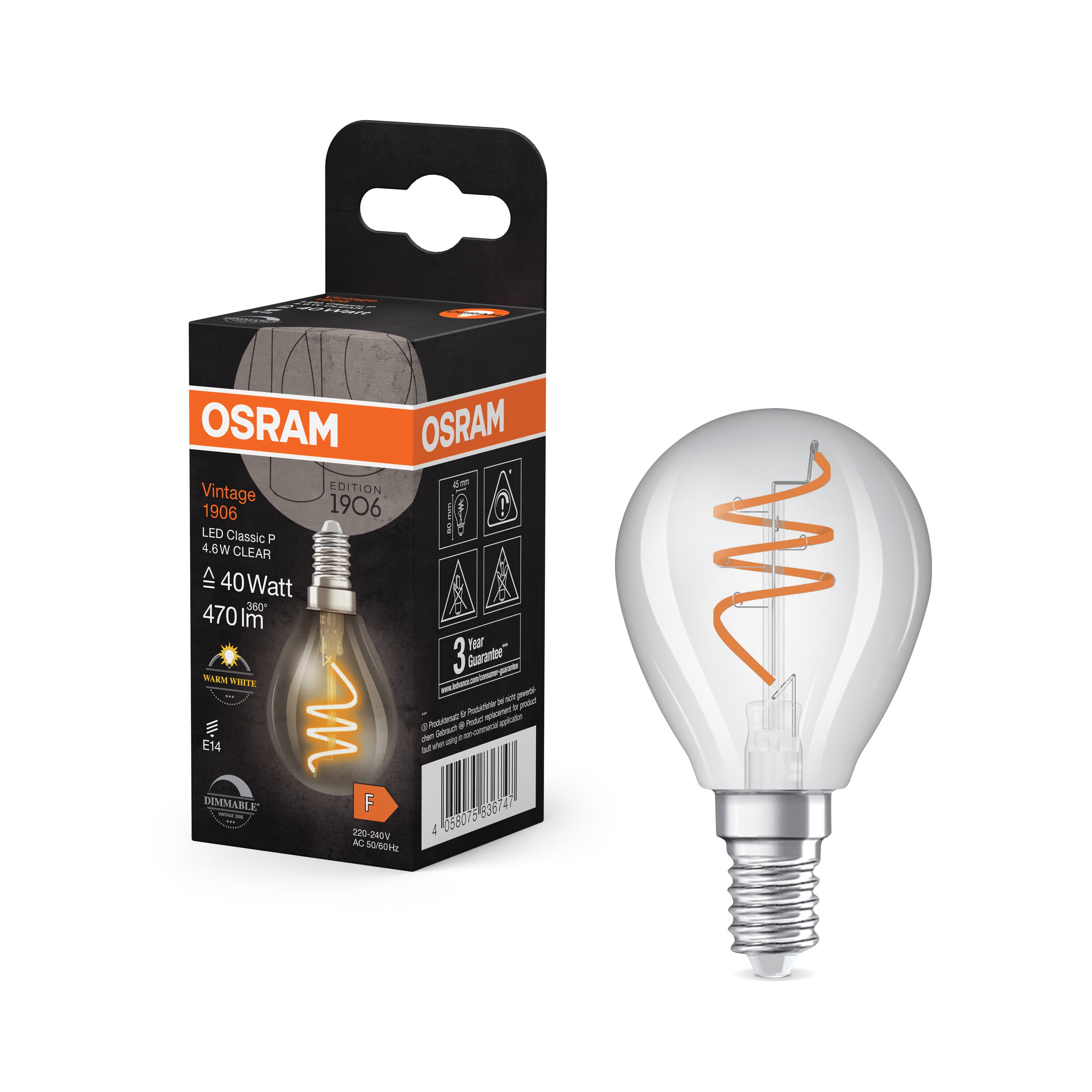 OSRAM Vintage 1906 Classic LED-Lampe Klar, 4.6W, 470lm, E14 , Warmweiß-LEDVANCE Shop