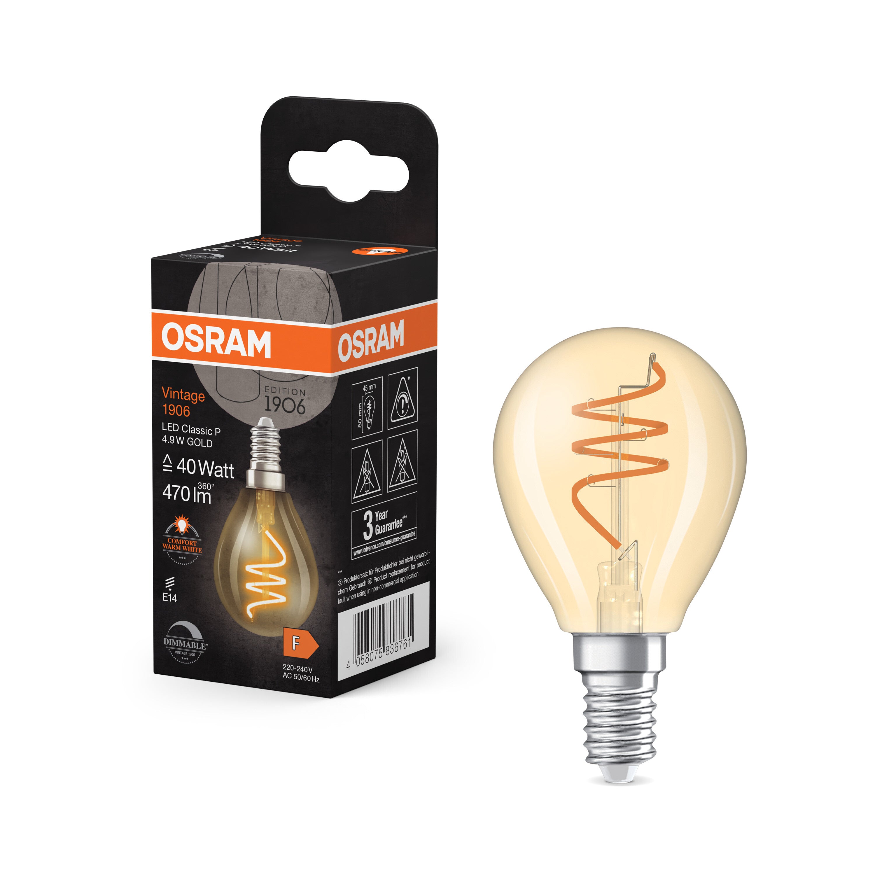 OSRAM Vintage 1906 Classic LED-Lampe Gold, 4.9W, 470lm, E14 , Comfort warm white-LEDVANCE Shop