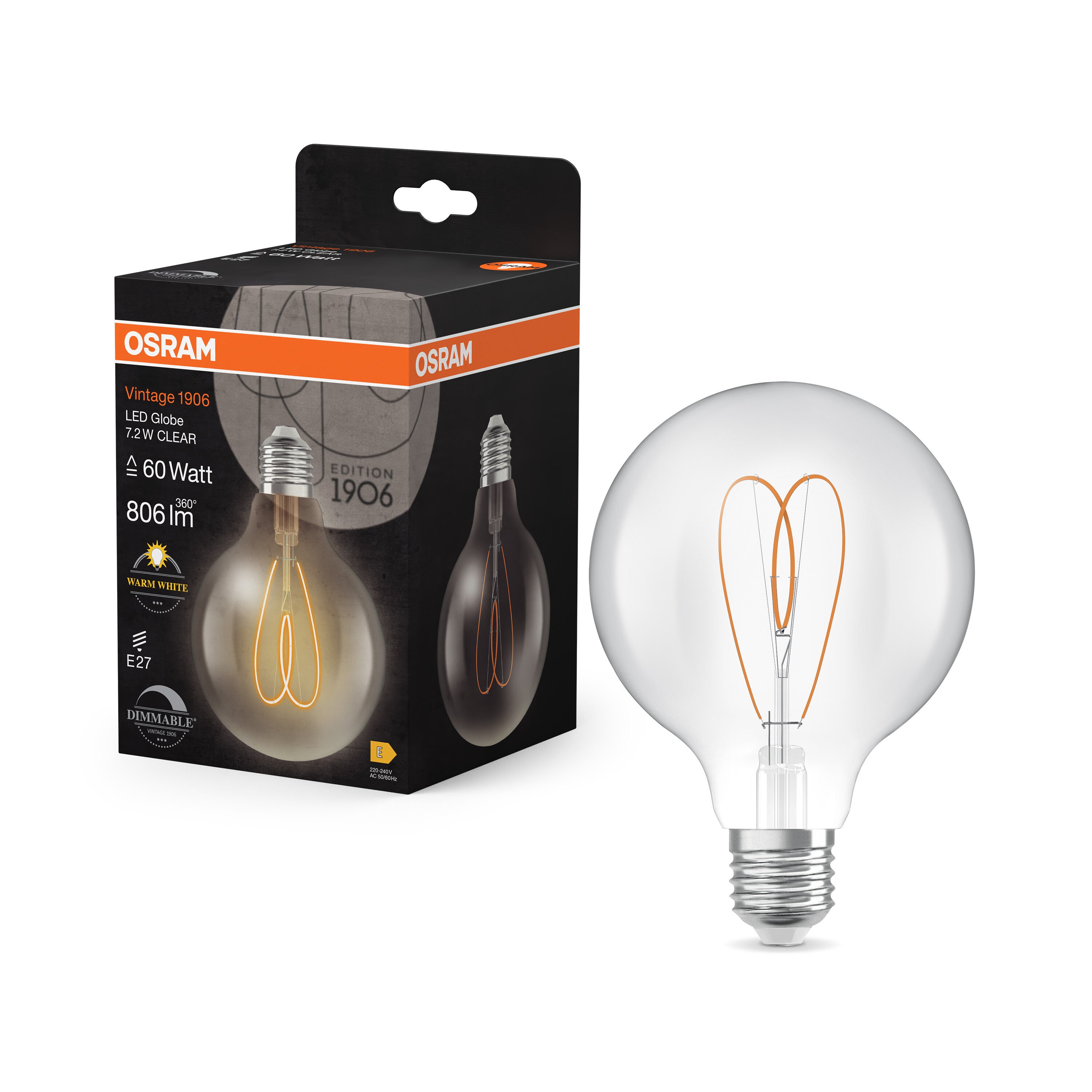 OSRAM Vintage 1906 Globe LED-Lampe Klar, 7.2W, 806lm, 2700K , Warmweiß , E27-LEDVANCE Shop