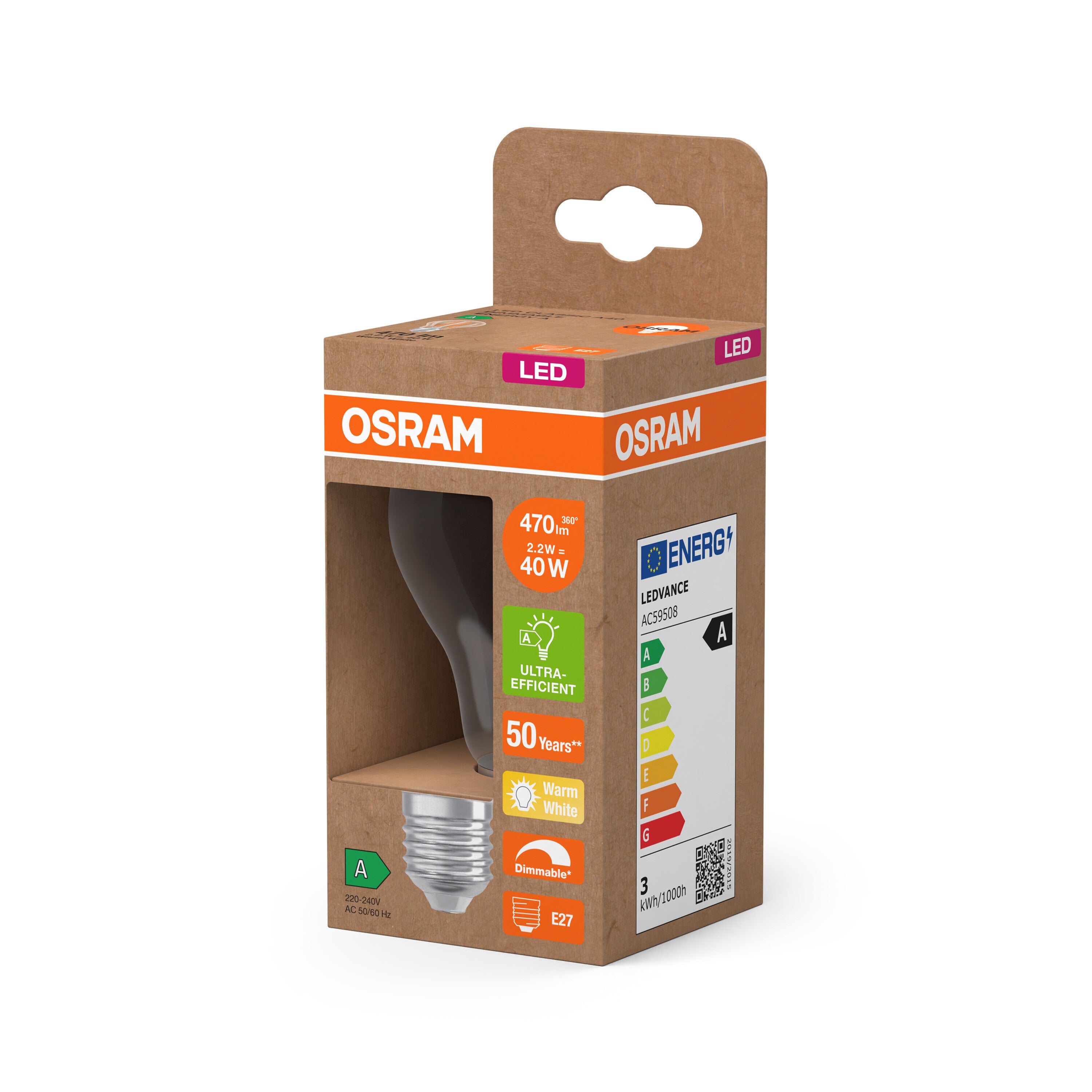 OSRAM Energy Class LED-Lampe, 2.2W, 470lm, Klar, E27 , Warmweiß-LEDVANCE Shop