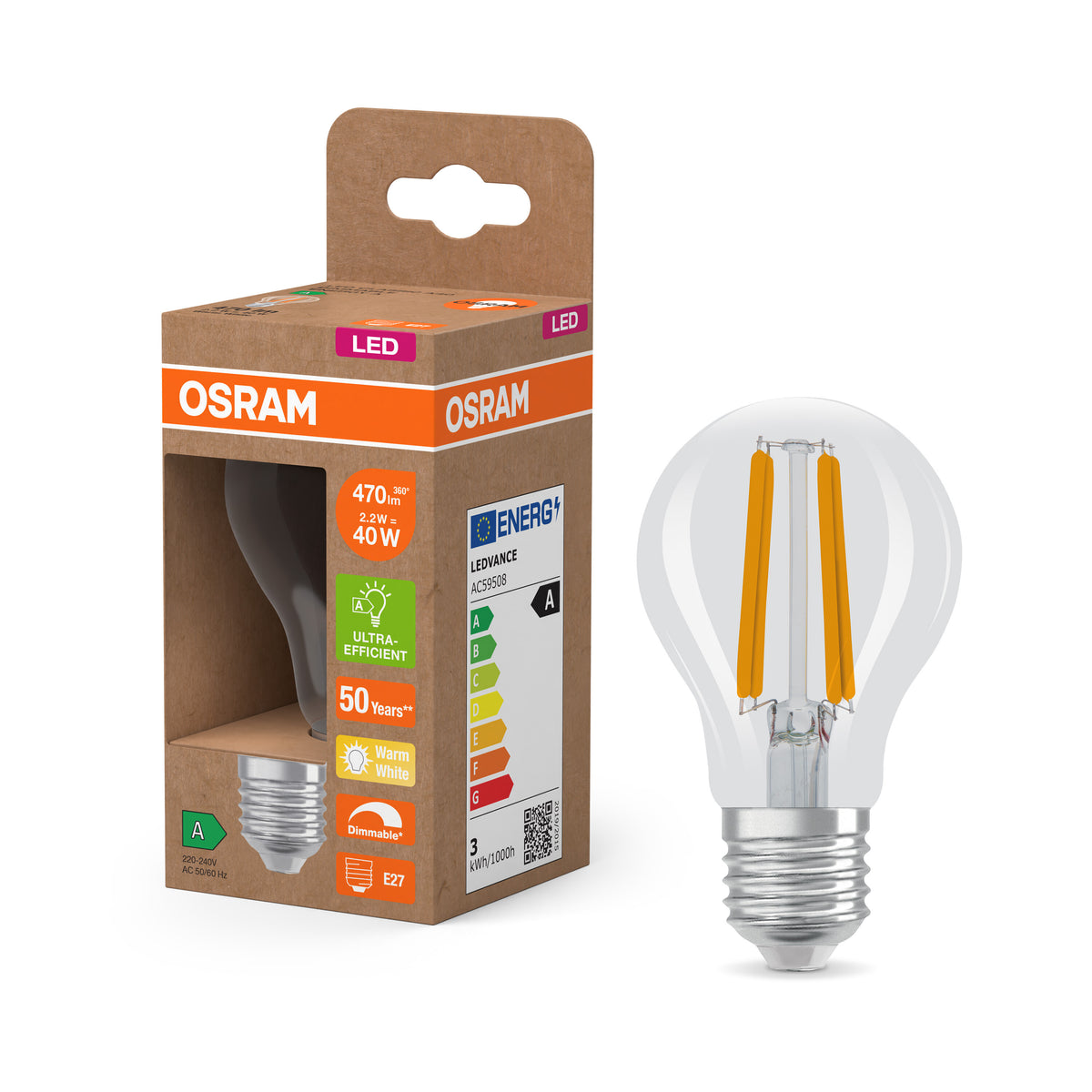 OSRAM Energy Class LED-Lampe, 2.2W, 470lm, Klar, E27 , Warmweiß-LEDVANCE Shop