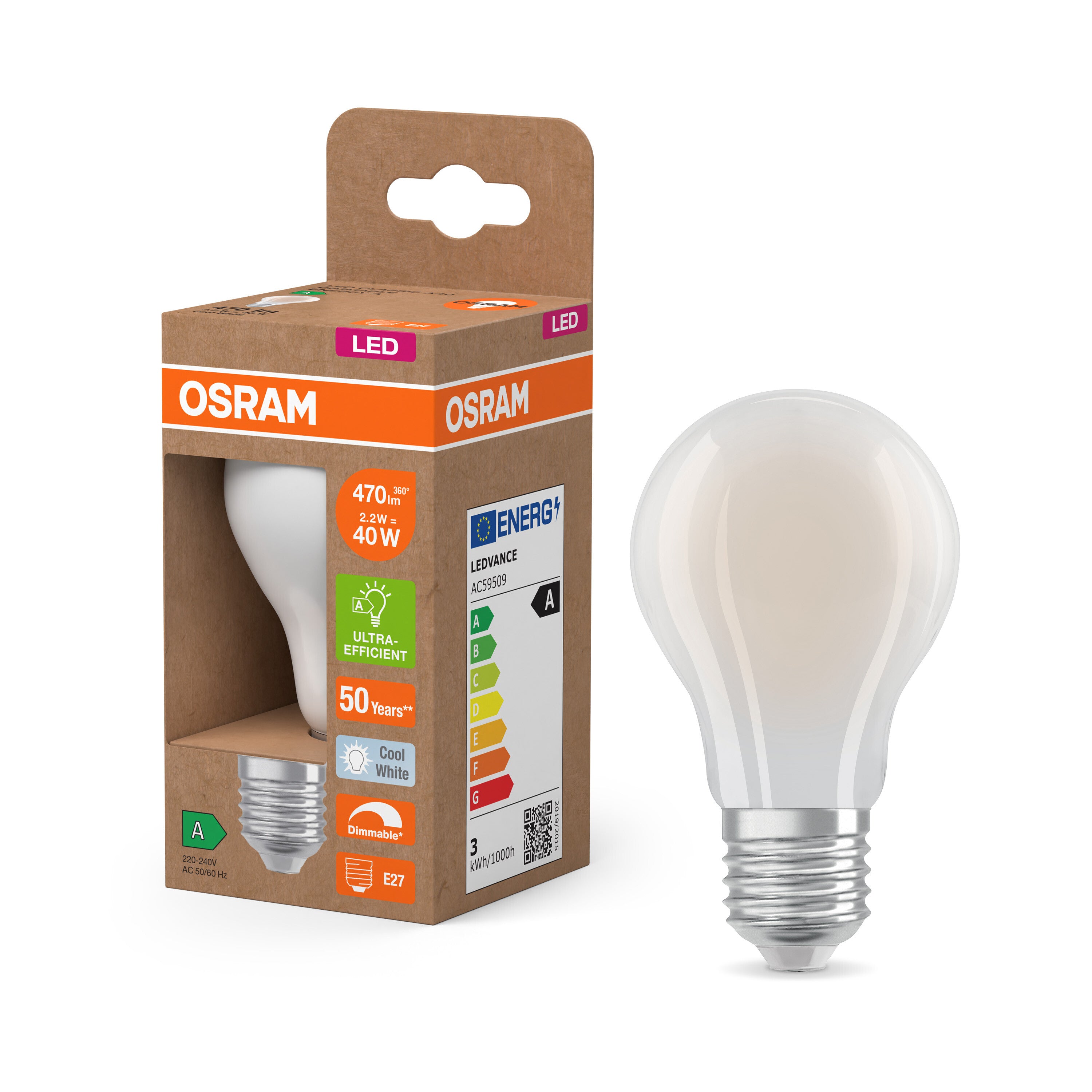 OSRAM Energy Class LED-Lampe, Kolbenform, 2.2W, Klar, E27 , Kaltweiß-LEDVANCE Shop