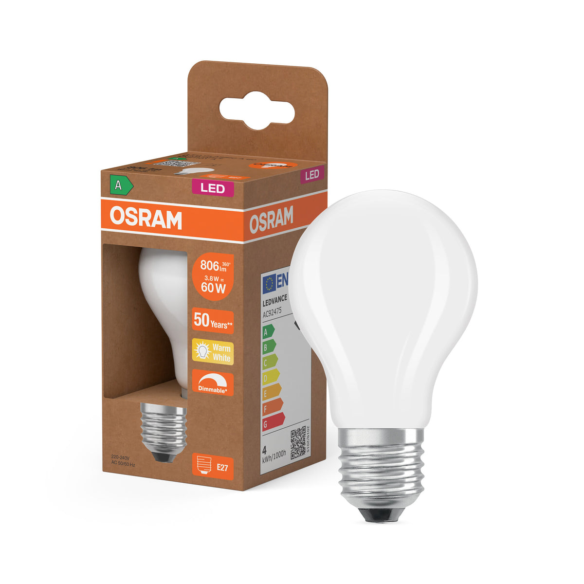 OSRAM LED CLASSIC A ENERGY EFFICIENCY A DIM en forma de A, bombilla LED, cristal sin plomo, mate, 3,8 W, (equivalente a 60 W), 806 lm, blanco cálido, 2700 K, regulable, clase de eficiencia energética: A