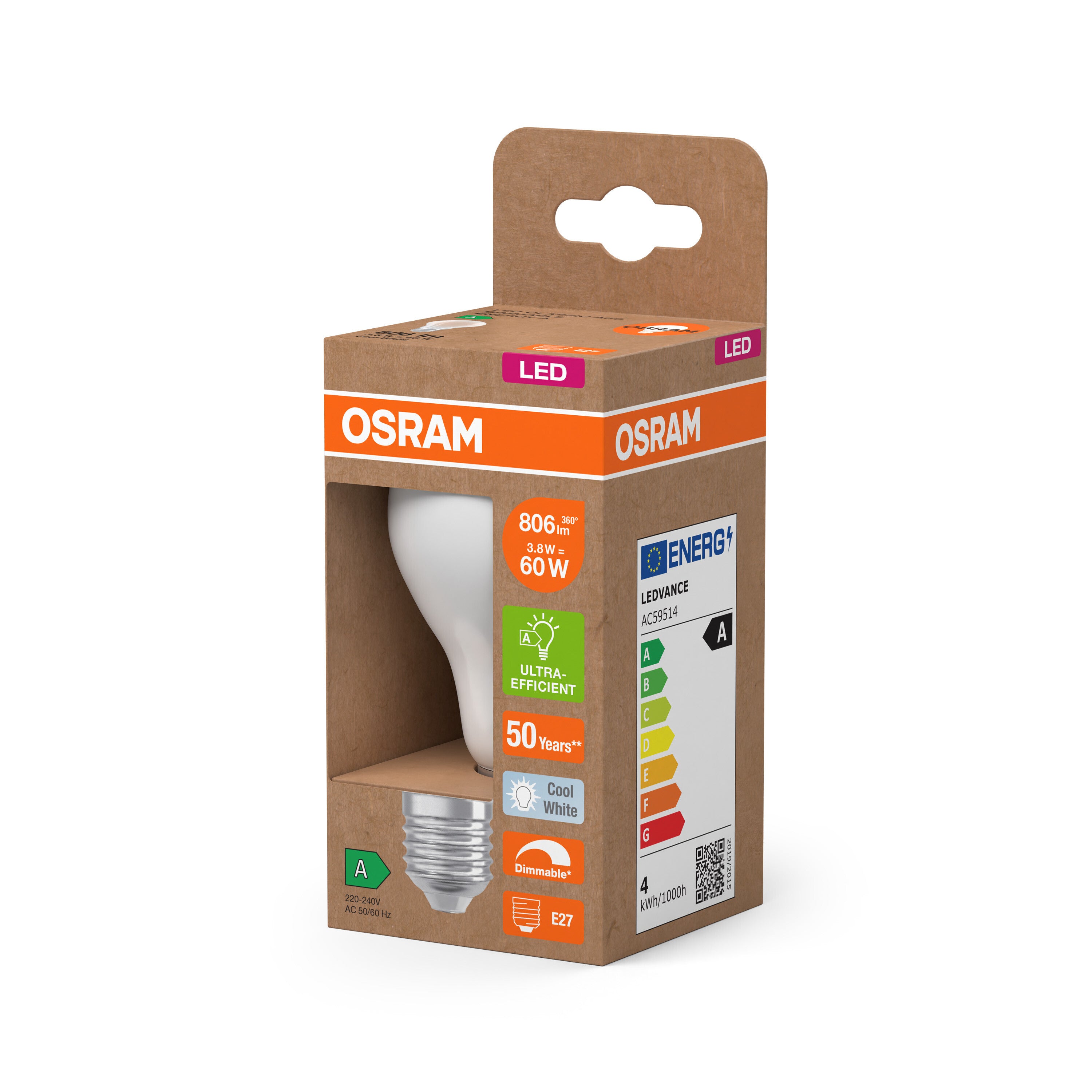 OSRAM Energy Class LED-Lampe, Kolbenform, 3.8W, Frosted, E27 , Kaltweiß-LEDVANCE Shop