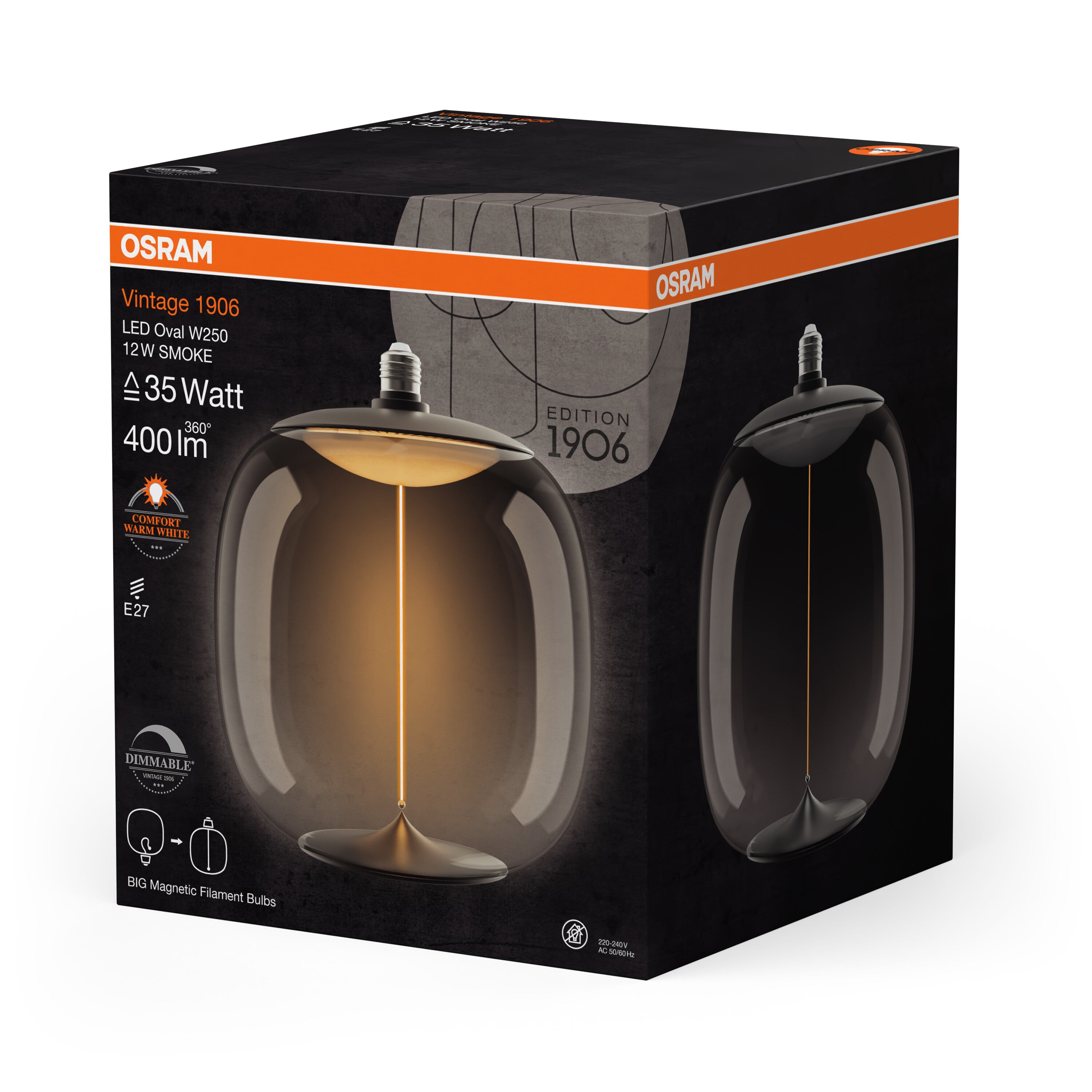 OSRAM Vintage 1906® LED BIG DECORATIVE BULB WITH FILAMENT-MAGNETIC STYLE LED-Lampe Smoke, dimmbar, 12W, 400lm, E27, OVAL , Comfort warm white-Leuchtmittel-LEDVANCE Shop