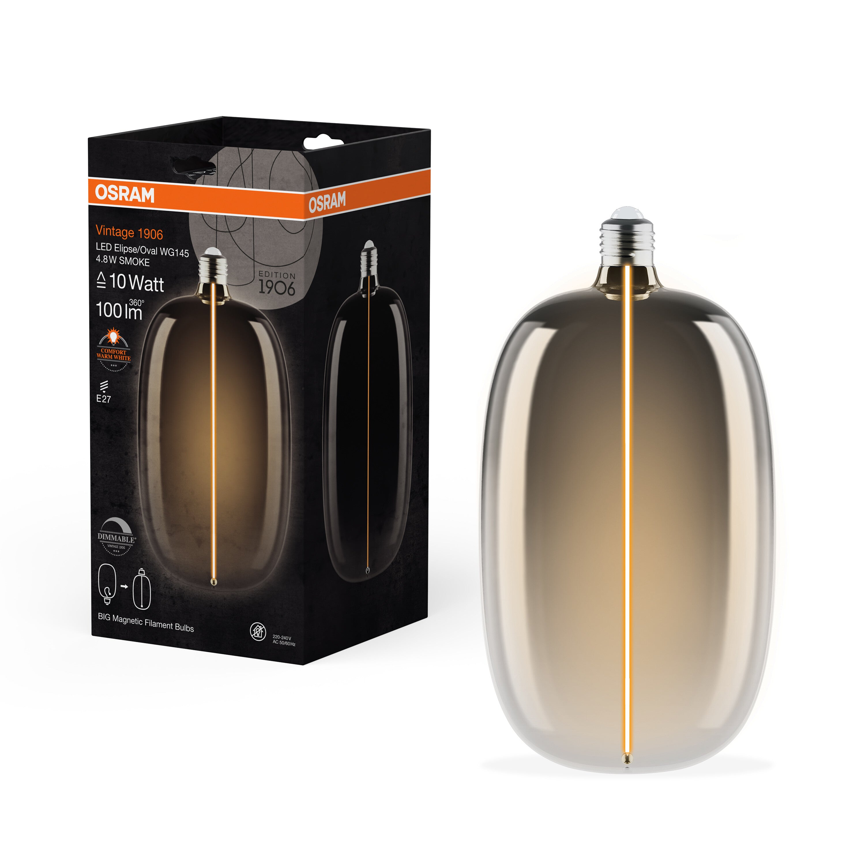 OSRAM Vintage 1906® LED BIG DECORATIVE BULB WITH FILAMENT-MAGNETIC STYLE LED-Lampe Smoke, dimmbar, 4.8 W, ELIPSE OVAL , Comfort warm white-Leuchtmittel-LEDVANCE Shop
