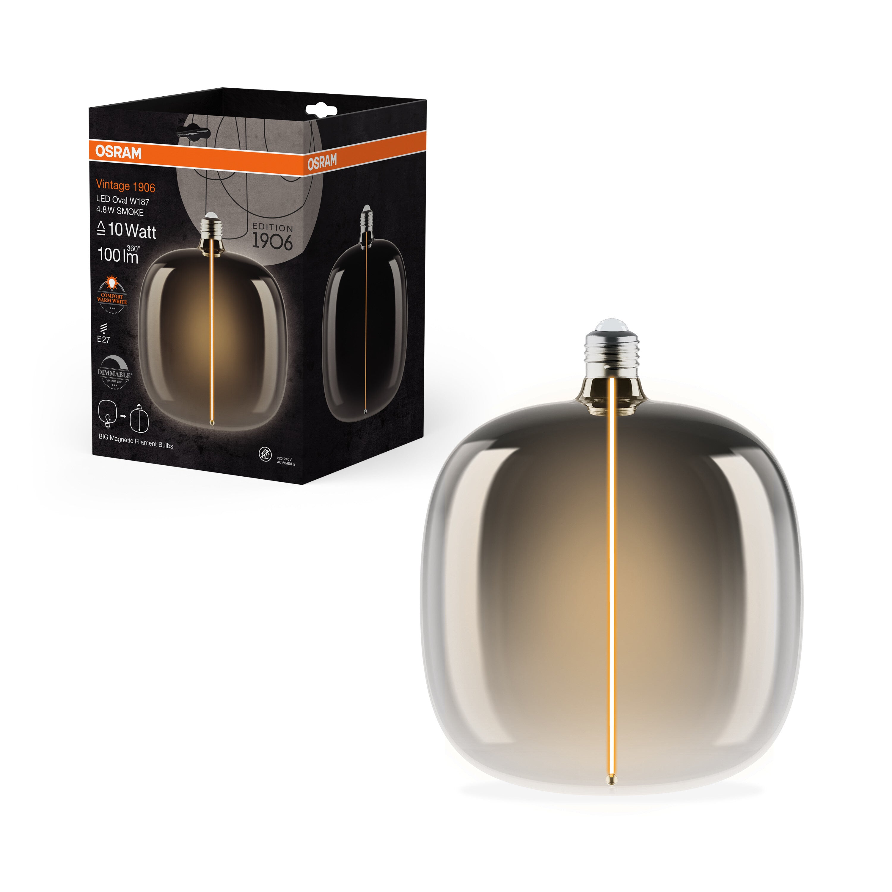 OSRAM Vintage 1906® LED BIG DECORATIVE BULB WITH FILAMENT-MAGNETIC STYLE LED-Lampe Smoke,dimmbar, 4.8W, E27, OVAL , Comfort warm white-Leuchtmittel-LEDVANCE Shop