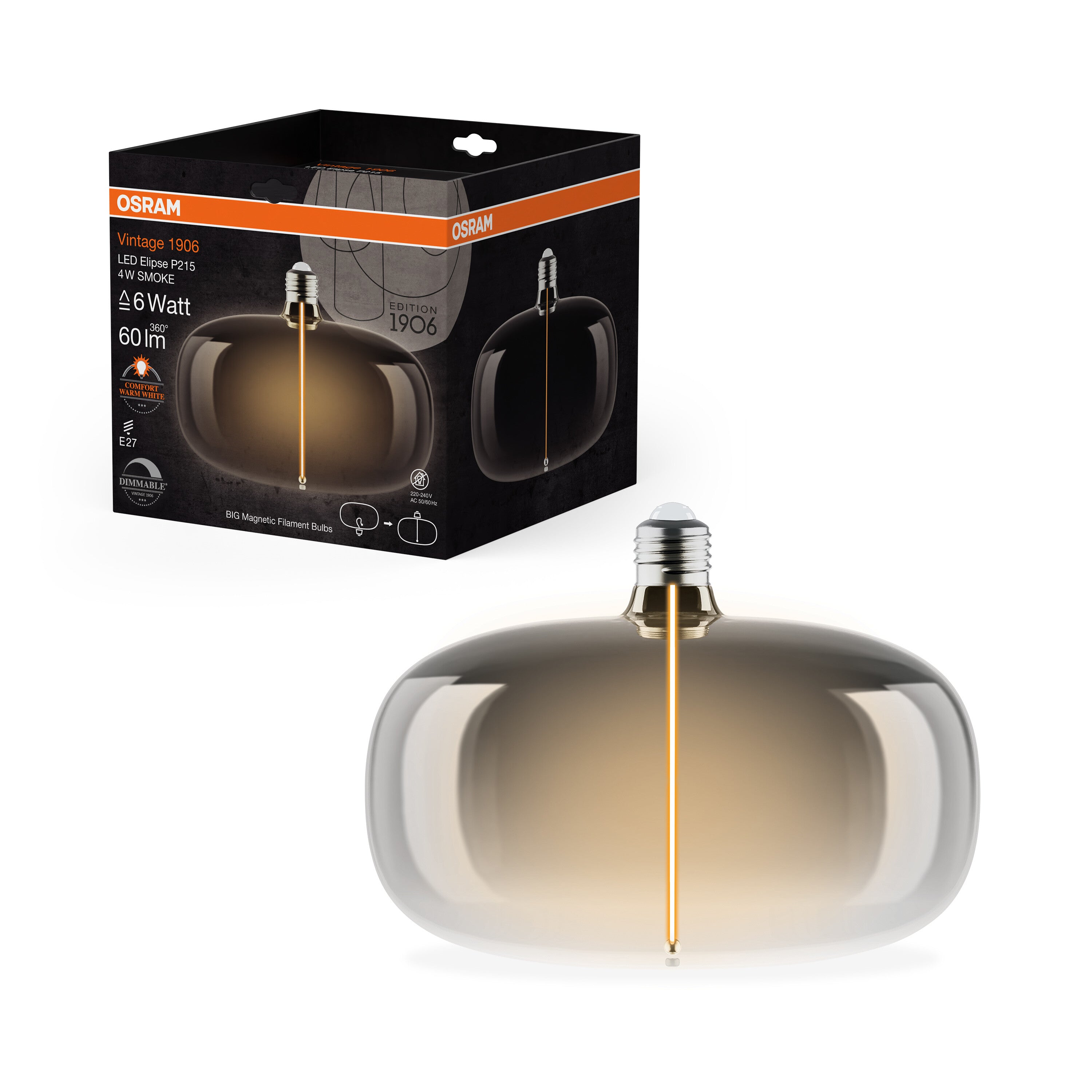 OSRAM Vintage 1906® LED BIG DECORATIVE BULB WITH FILAMENT-MAGNETIC STYLE LED-Lampe Smoke, dimmbar, 4W, E27, ELIPSE , Comfort warm white-Leuchtmittel-LEDVANCE Shop
