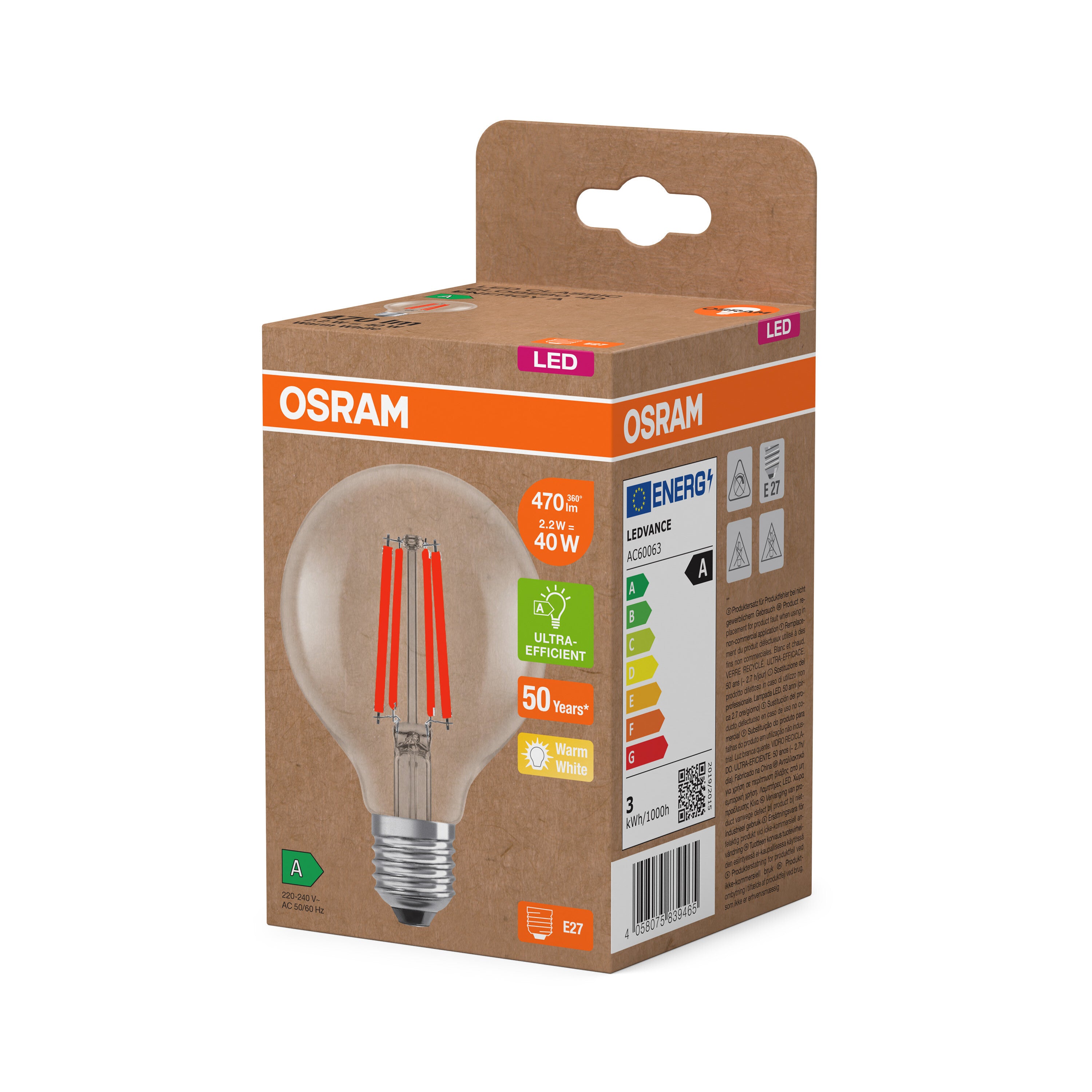 OSRAM LED-Globe-Lampe mit Filament EEK A, E27, 5W, 95mm , Warmweiß-LEDVANCE Shop