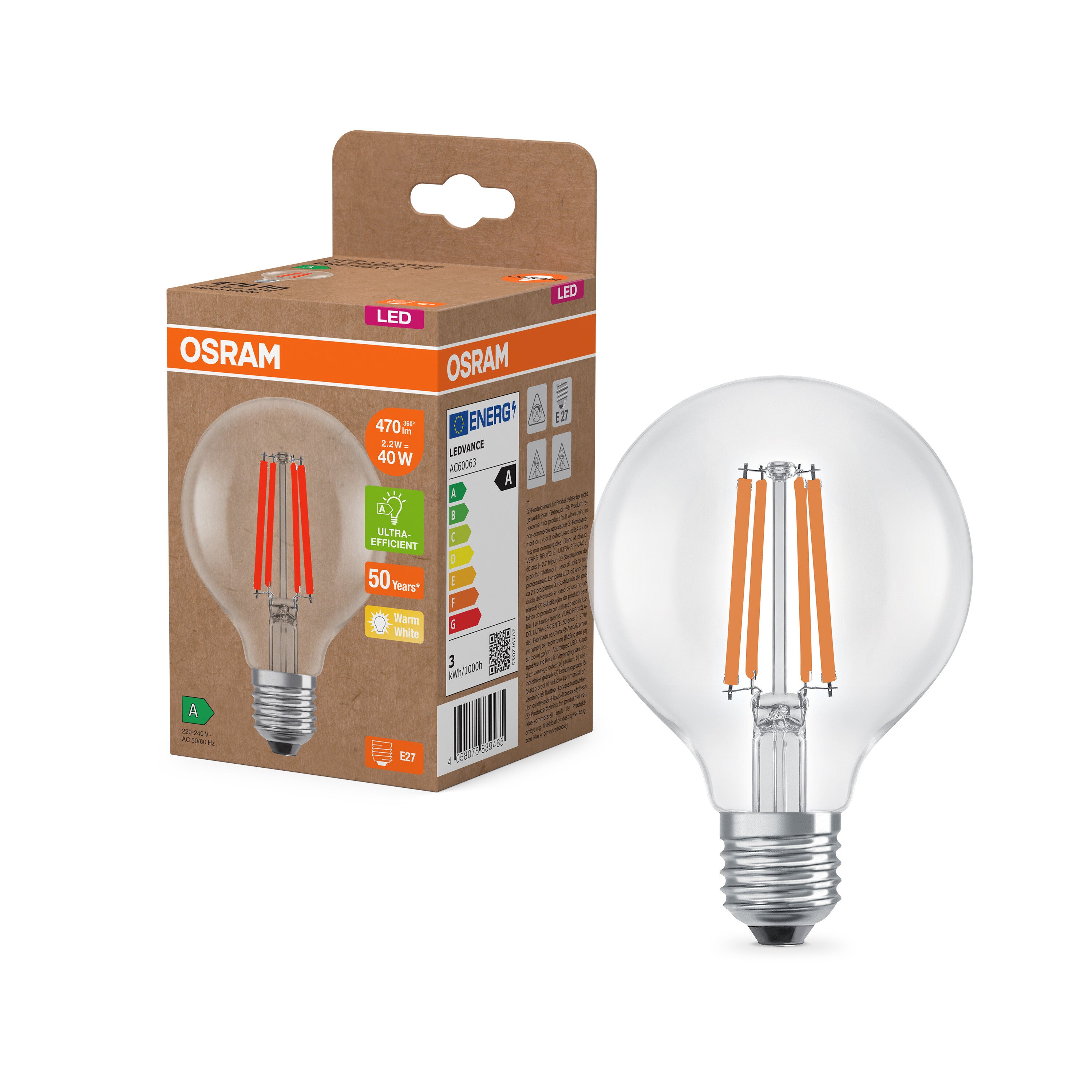 OSRAM LED-Globe-Lampe mit Filament EEK A, E27, 5W, 95mm , Warmweiß-LEDVANCE Shop