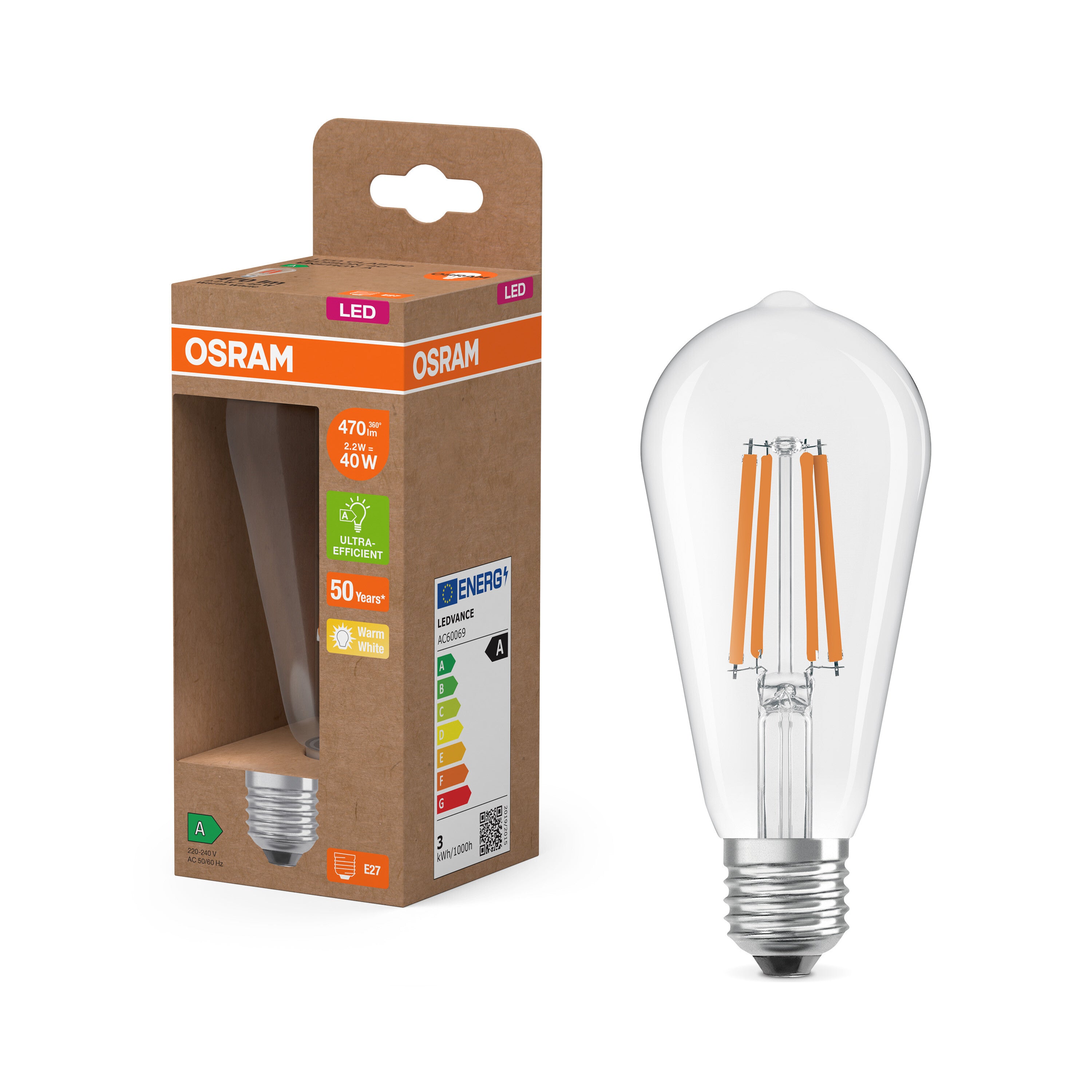 OSRAM LED-Globe-Lampe + Filament EEK A, E27, 7.2W, 2700K , Warmweiß-LEDVANCE Shop
