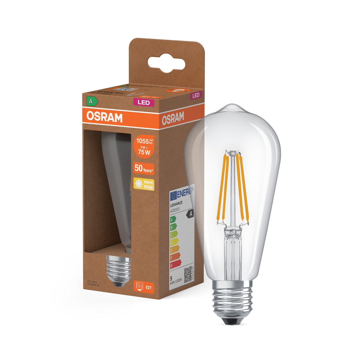 LÁMPARAS LED DE OSRAM, CLASE ENERGÉTICA A, EFICIENCIA ENERGÉTICA, FILAMENTO CLÁSICO EDISON, lámpara LED, cristal sin plomo, transparente, 5 W, (antes 75 W), 1055 lm, blanco cálido, clase de eficiencia energética: A