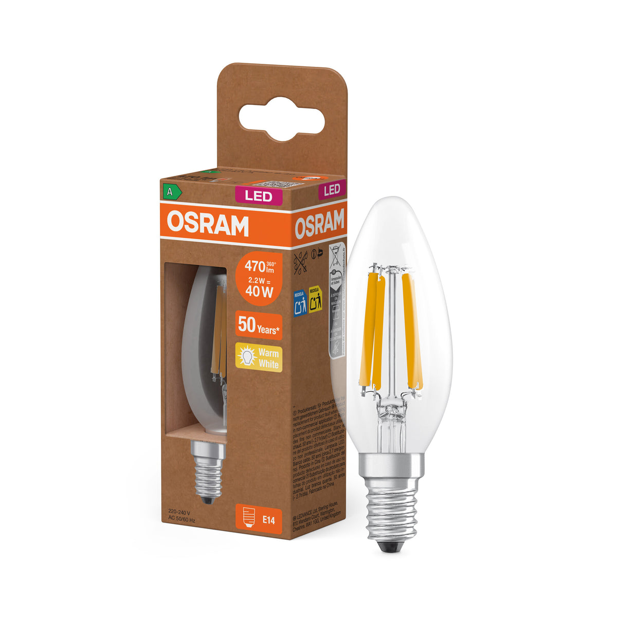 OSRAM LED CLASSIC B ENERGY EFFICIENCY A in B-Form, LED-Lampe, Bleifreies Glas, Klar, 2,2 W, (ex 40 W), 470 lm, Warmweiß, 2700 K, Energieeffizienzklasse: A, CRI 80
