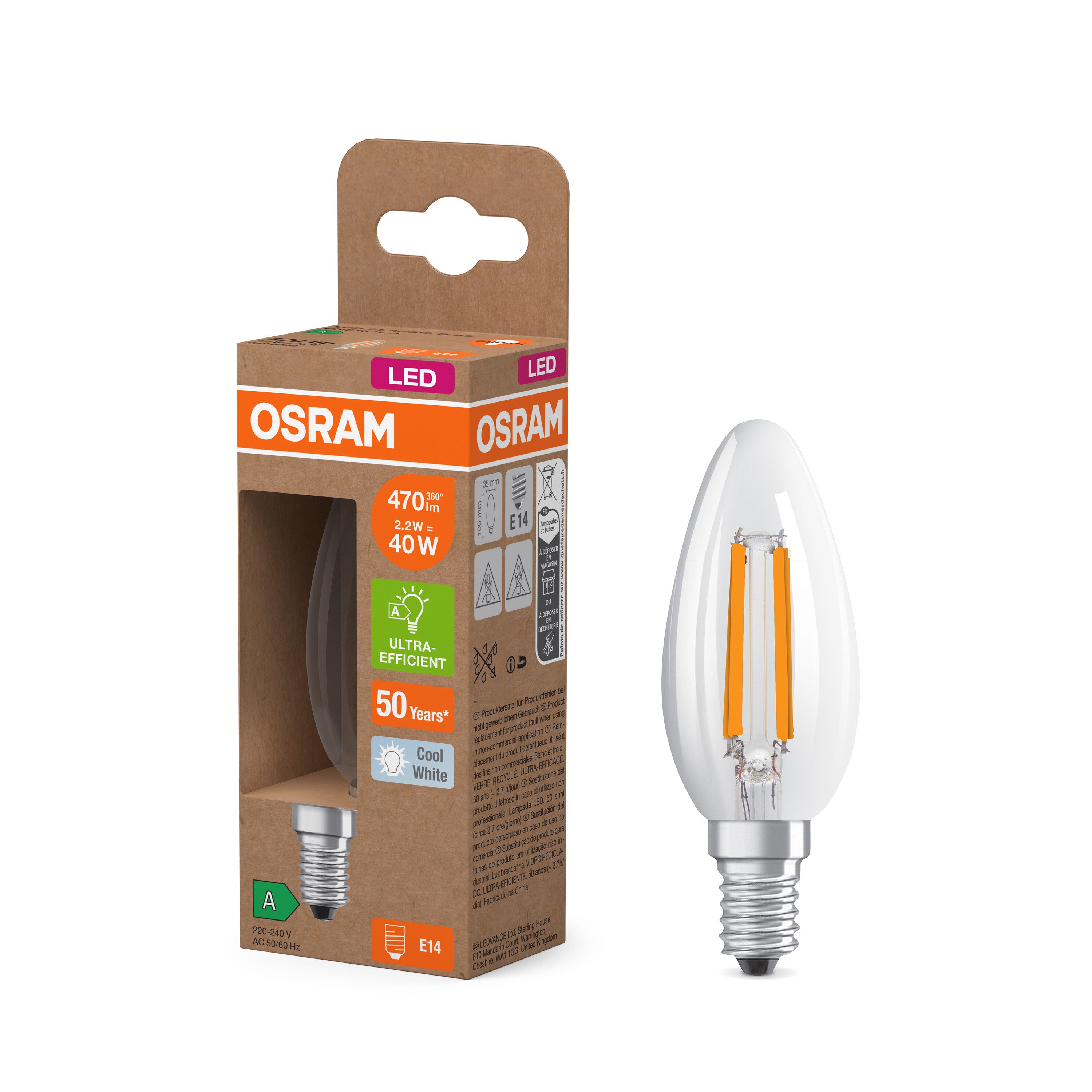 OSRAM Energy Class LED-Lampe, Minikerze, 2.2W, Klar, EEK A , Kaltweiß , E14-LEDVANCE Shop