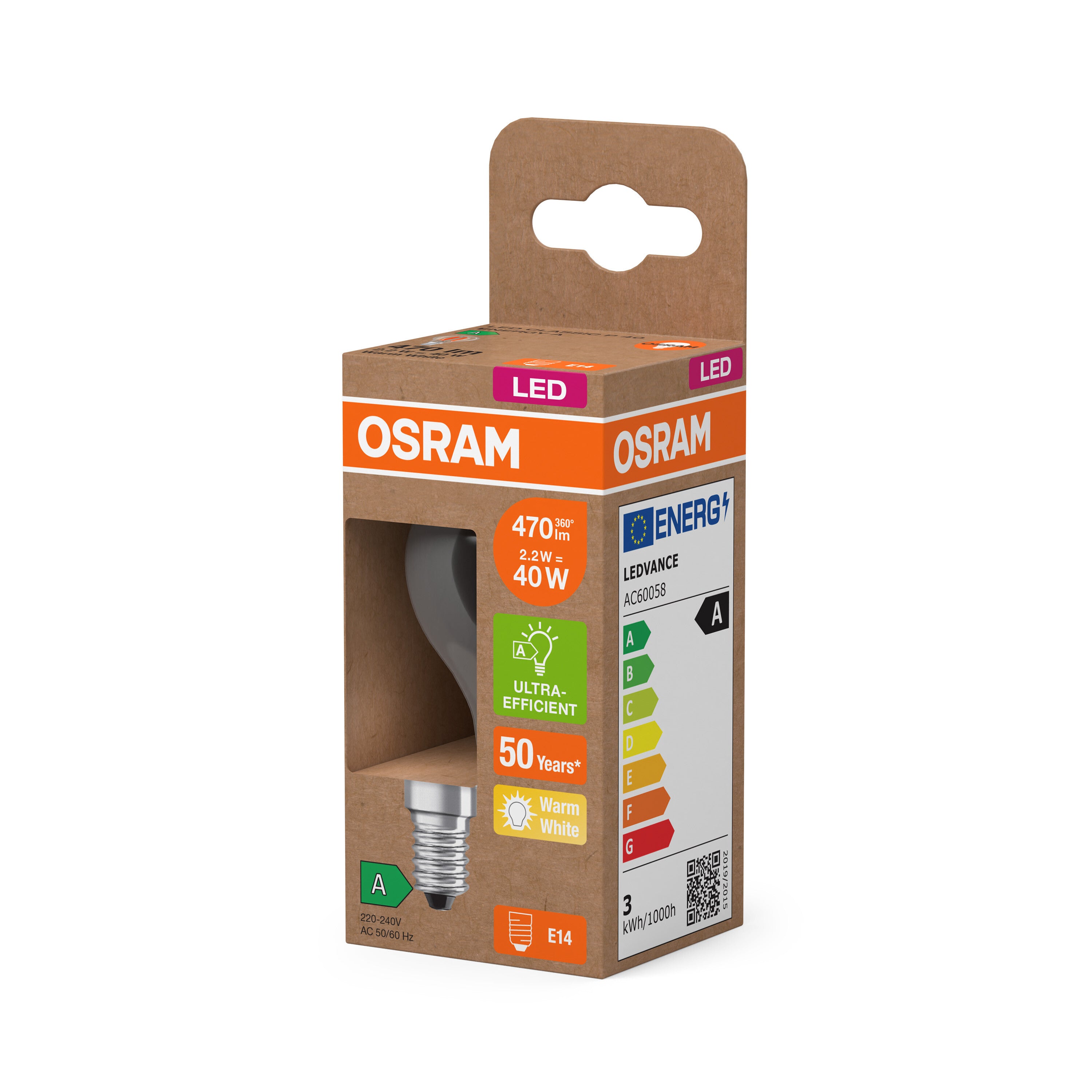 OSRAM Energy Class LED-Lampe, 2.2W, Klar, EEK A, 470lm, E14 , Warmweiß-LEDVANCE Shop