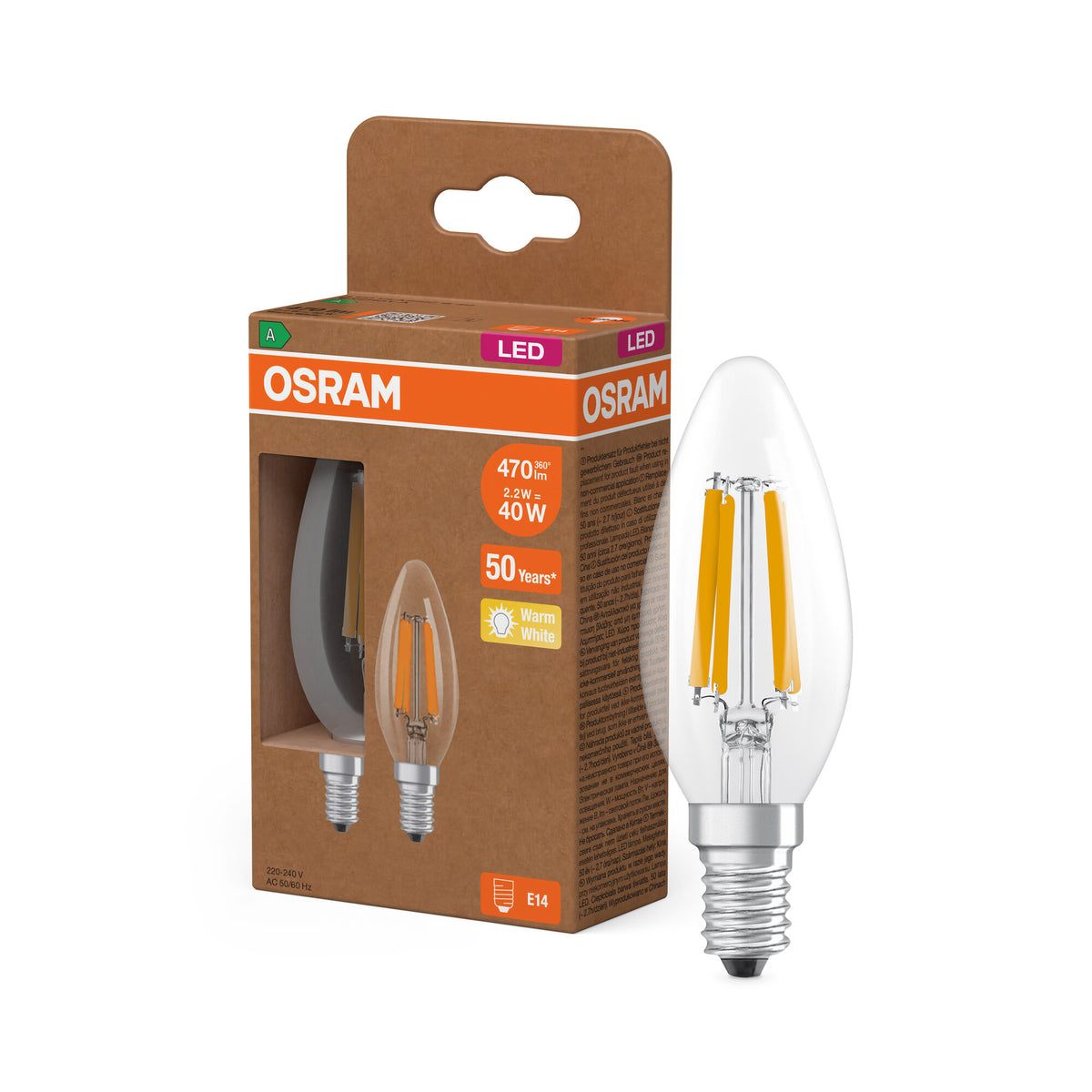 OSRAM LED CLASSIC B ENERGY EFFICIENCY A in B-Form, LED-Lampe, Bleifreies Glas, Klar, 2,2 W, (ex 40 W), 470 lm, Warmweiß, 2700 K, Energieeffizienzklasse: A, CRI 80, 2er