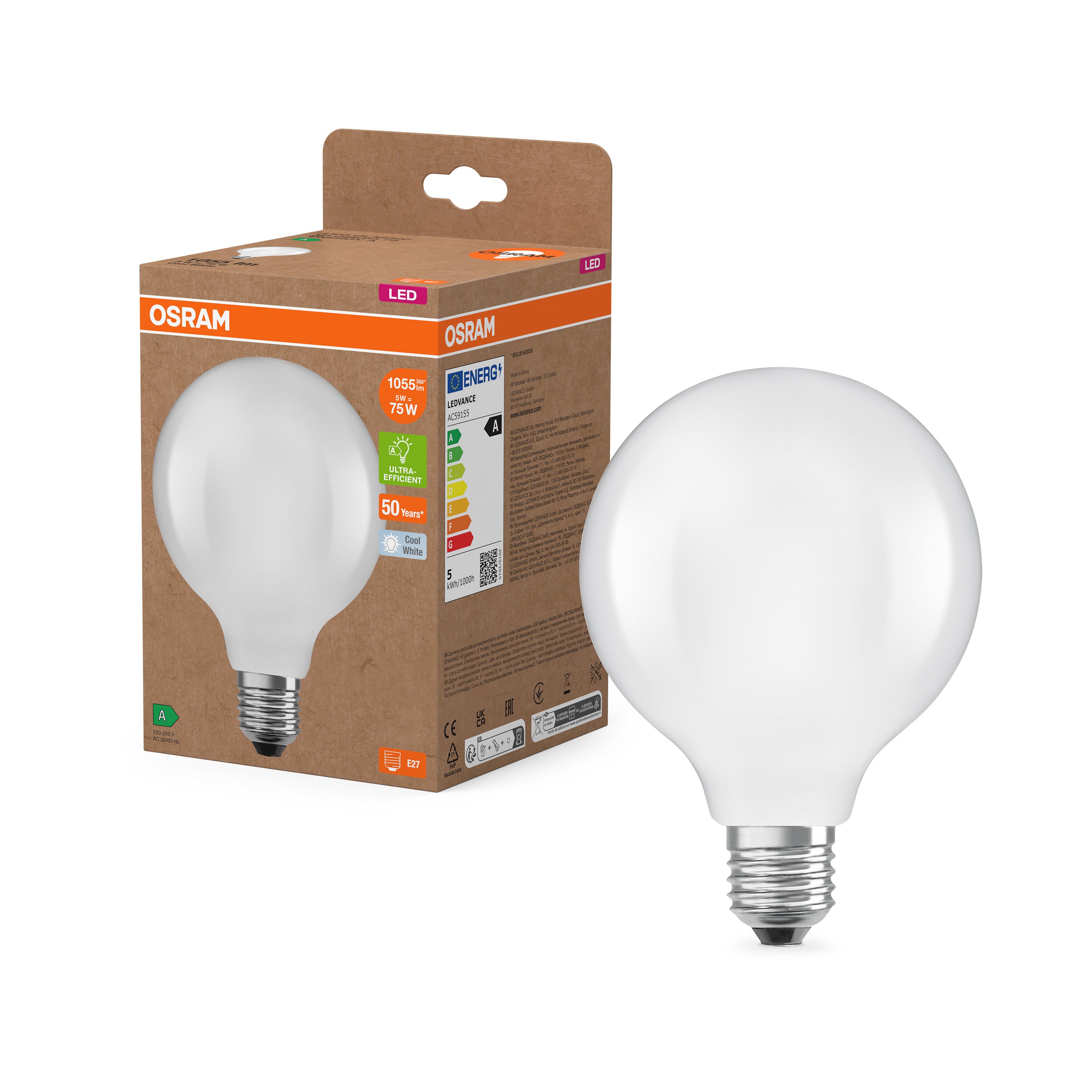 OSRAM LED-Globe-Lampe mit Filament EEK A, E27, 5W, 1055lm , Kaltweiß-LEDVANCE Shop