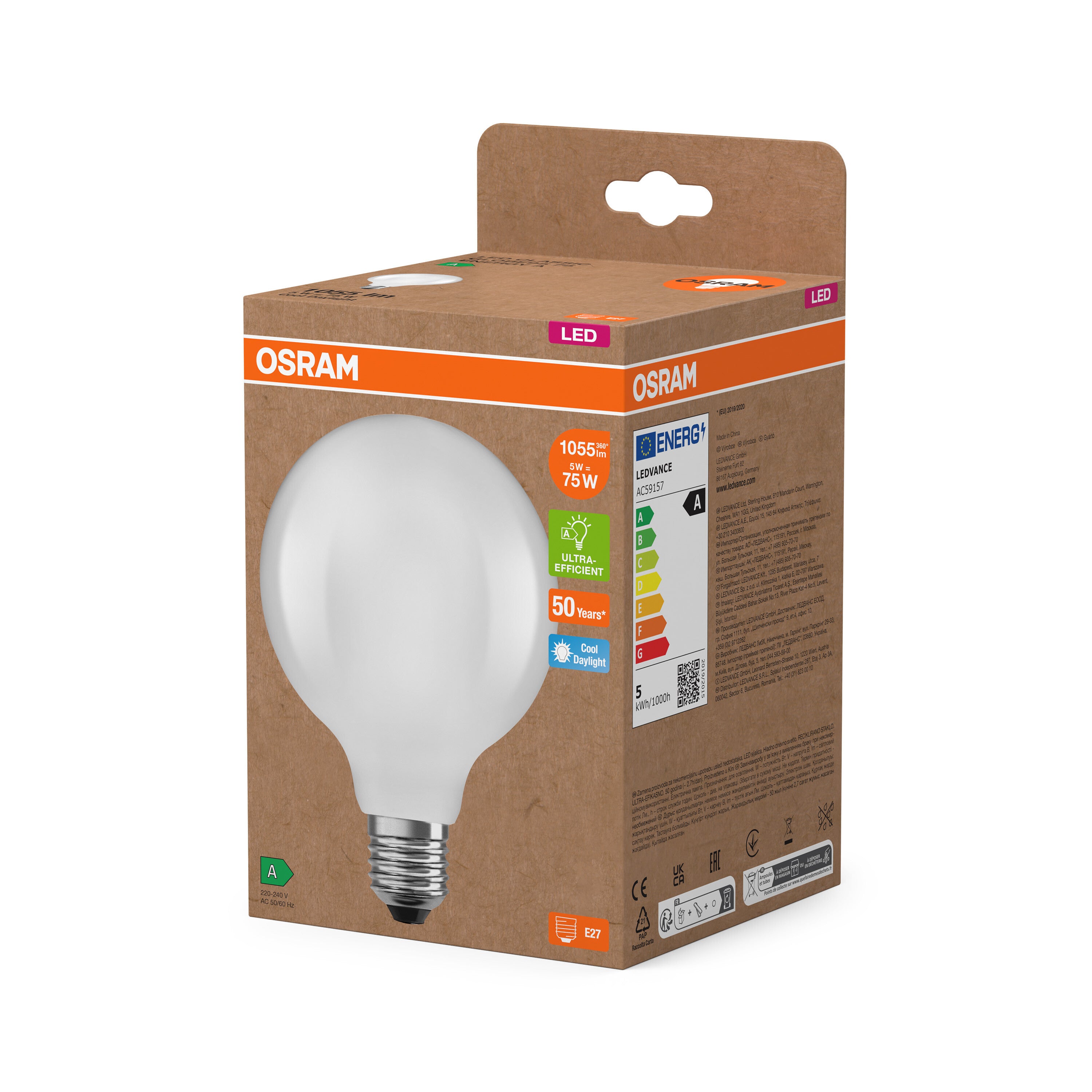 LEDVANCE LED-Globe-Lampe mit Filament EEK A, E27, 5W, 6500K, Kaltes Tageslicht-LEDVANCE Shop
